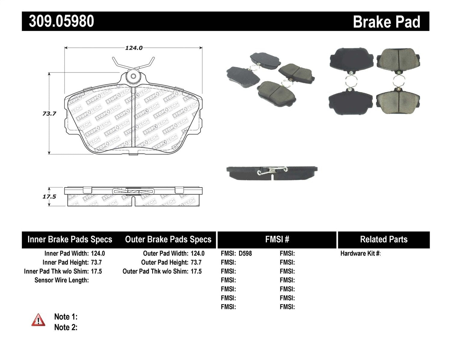 Sport Brake Pads StopTech 309.05980 with Shims and Hardware