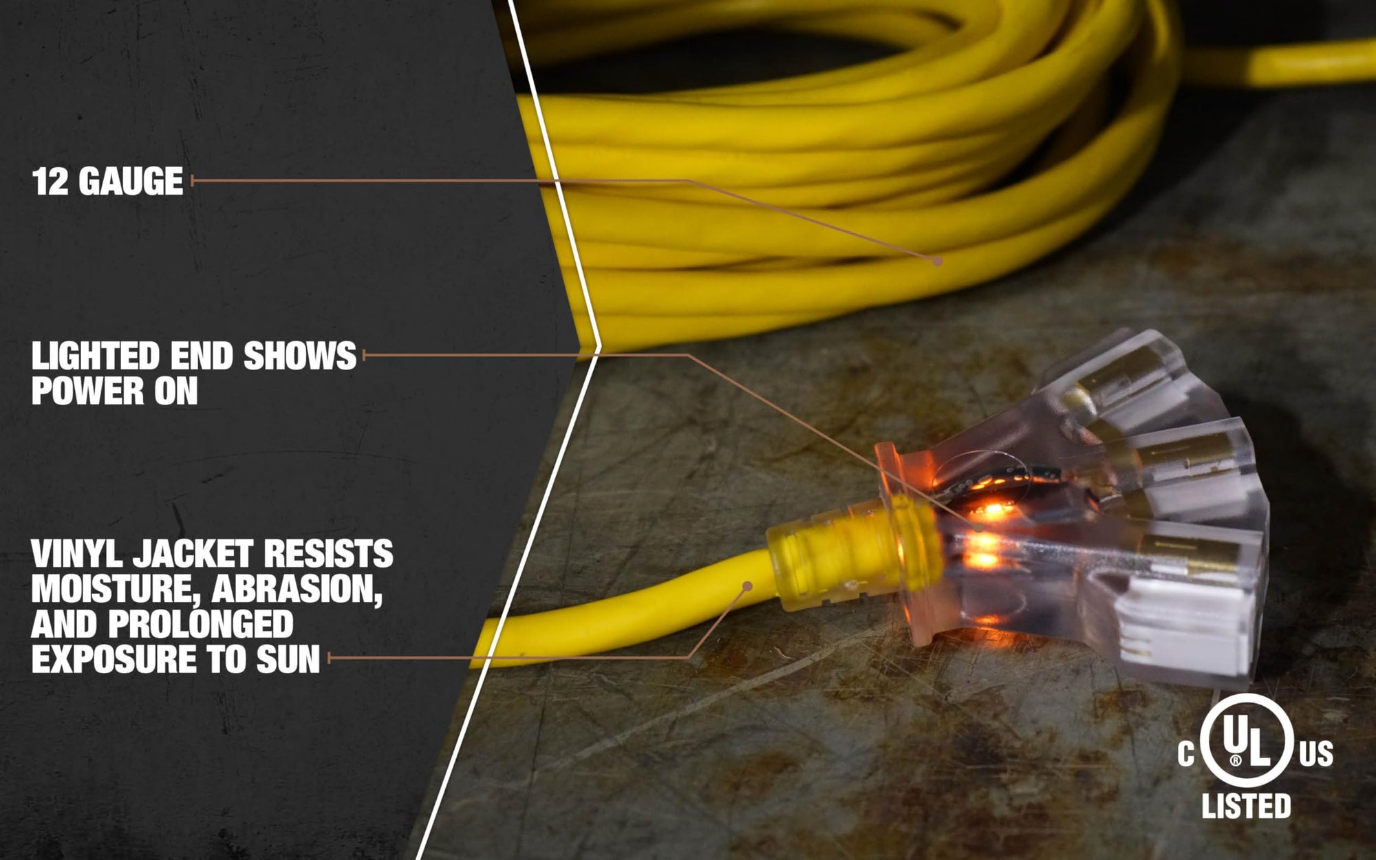 12/3 Southwire Multi-Outlet Vinyl Extension Cord with Lighted End; 50-Foot; yellow (41888802)