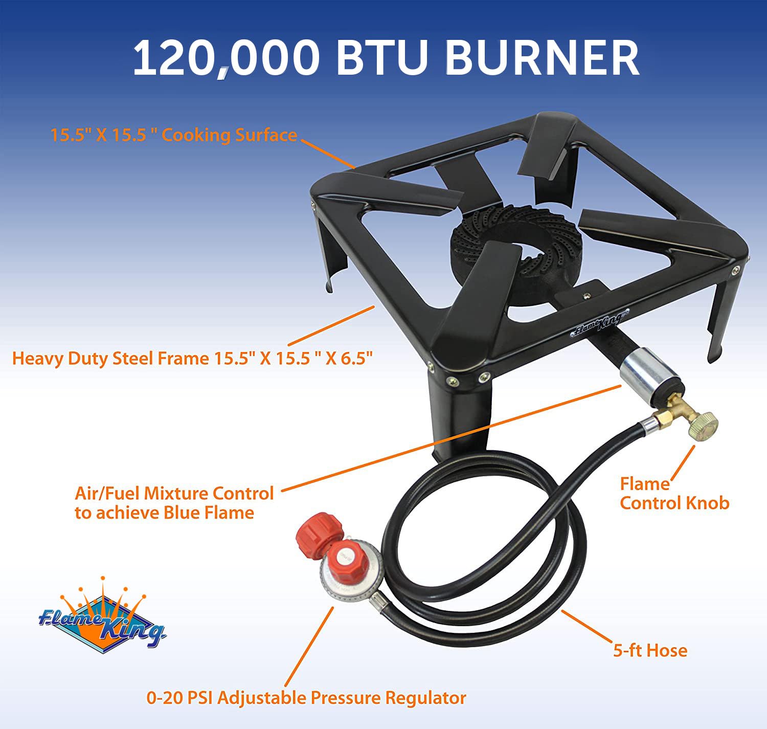 Flame King 120,000 BTU Heavy Duty, 0-20 PSI, Turkey Fryer Single Propane Burner Bayou Cooker, Outdoor Stove for Home Brewing, Maple Syrup Prep, Cajun Cooking