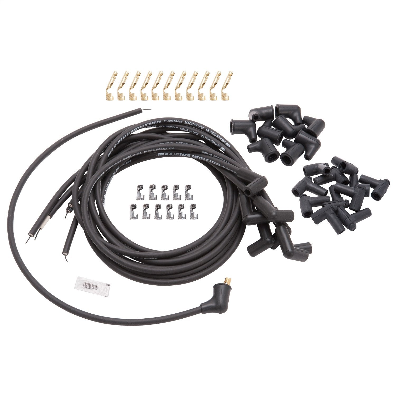 Spark Plug Set Edelbrock 22701 Universal 90 DEG Boots 500 ohm Resistance 8.65mm Black Wire (Set of 9)