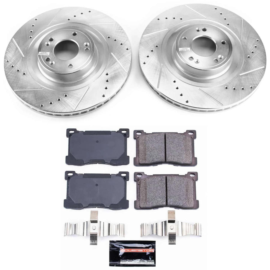 Power Stop K6313 Z23 Carbon Fiber Brake Pads with Drilled & Slotted Brake Rotors Kit For Hyundai Equus 2012-2016 Kia K900 2015-2017 [Vehicle Specific]