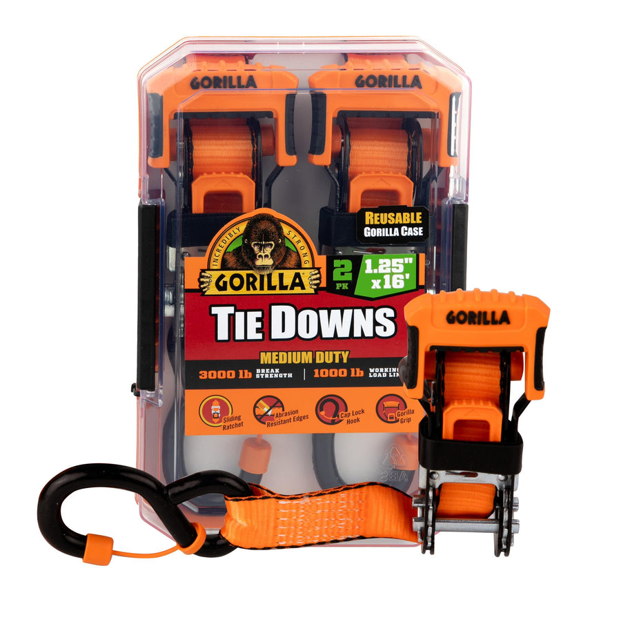 Gorilla Heavy Duty Ratchet Tie Down Strap 1.25 inch x 16 feet with a Sliding Ratchet Grip Handle and Cap Locks for Anchor Securement