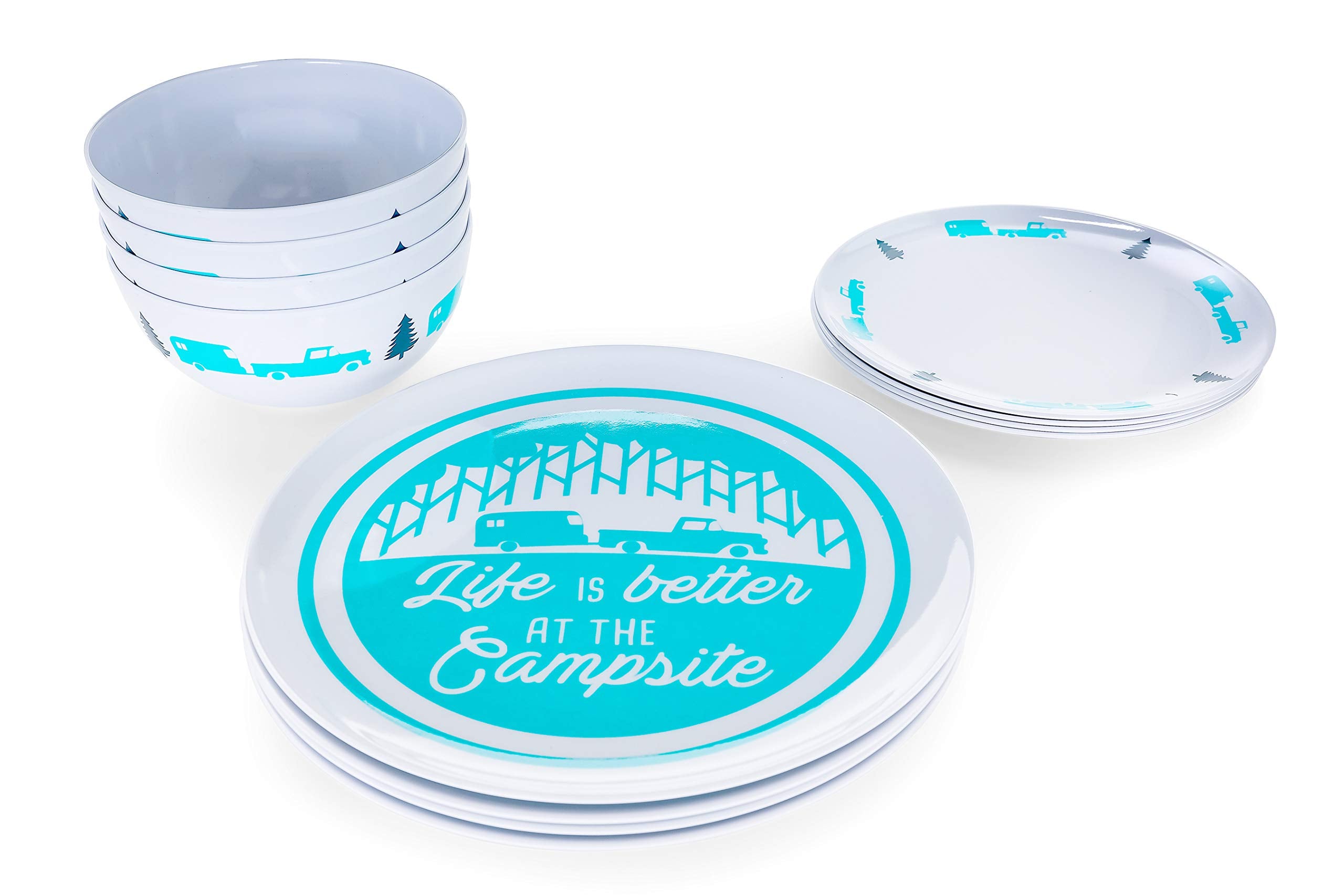 Camco Dishware Set Life is Better at The Campsite | Includes (4) Large Dinner Plates, (4) Small Salad Plates and (4) Bowls | Top Rack Dishwasher Safe | Blue Tree and Truck Design (53294)