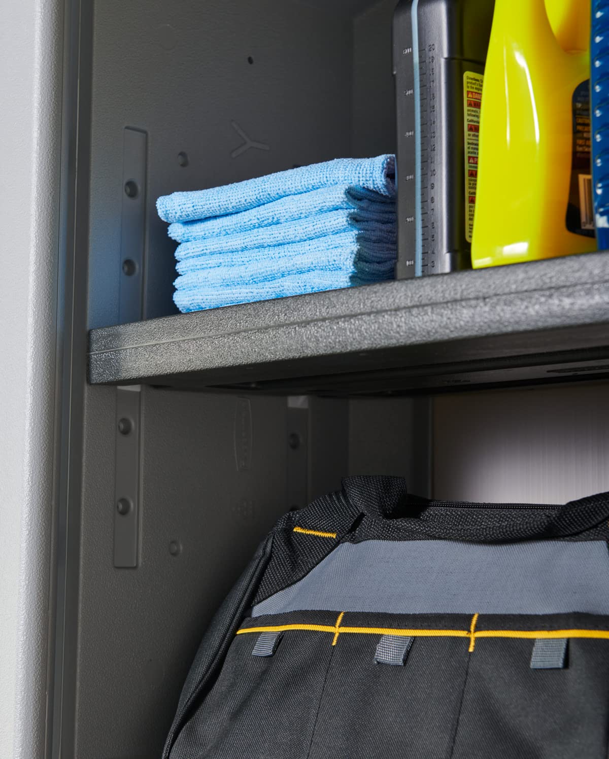Rubbermaid Storage Cabinet Wall Mounted with Doors 150-Pound Capacity Gray Lockable Three-Shelf Cubbard for Tools/Car Accessories/Cleaning in Home/Garage/Outdoor Areas
