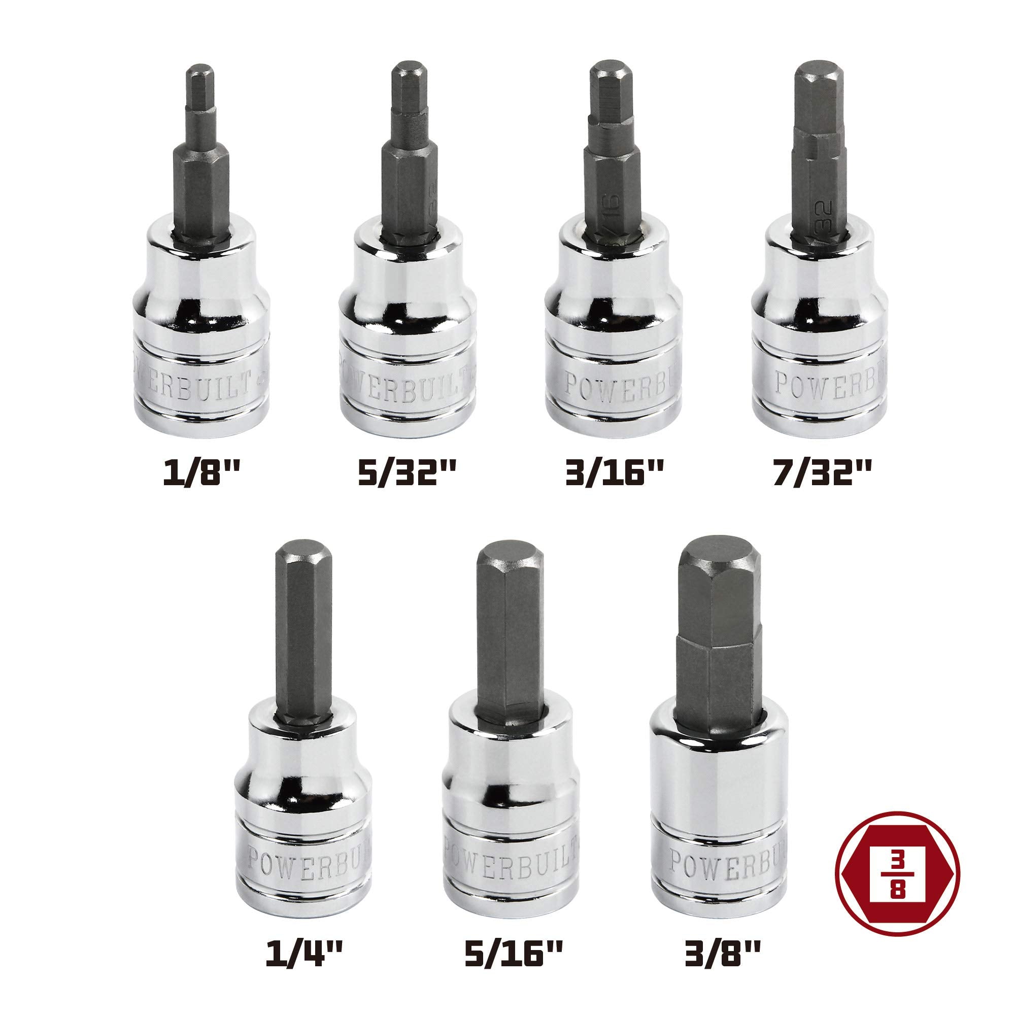 7 Piece Powerbuilt 3/8 Inch Drive SAE Hex Bit Socket Set, Sizes 1/8"-3/8", S2 Bits and Chrome-Vanadium Sockets, Hangable Storage Tool Holder - 648661