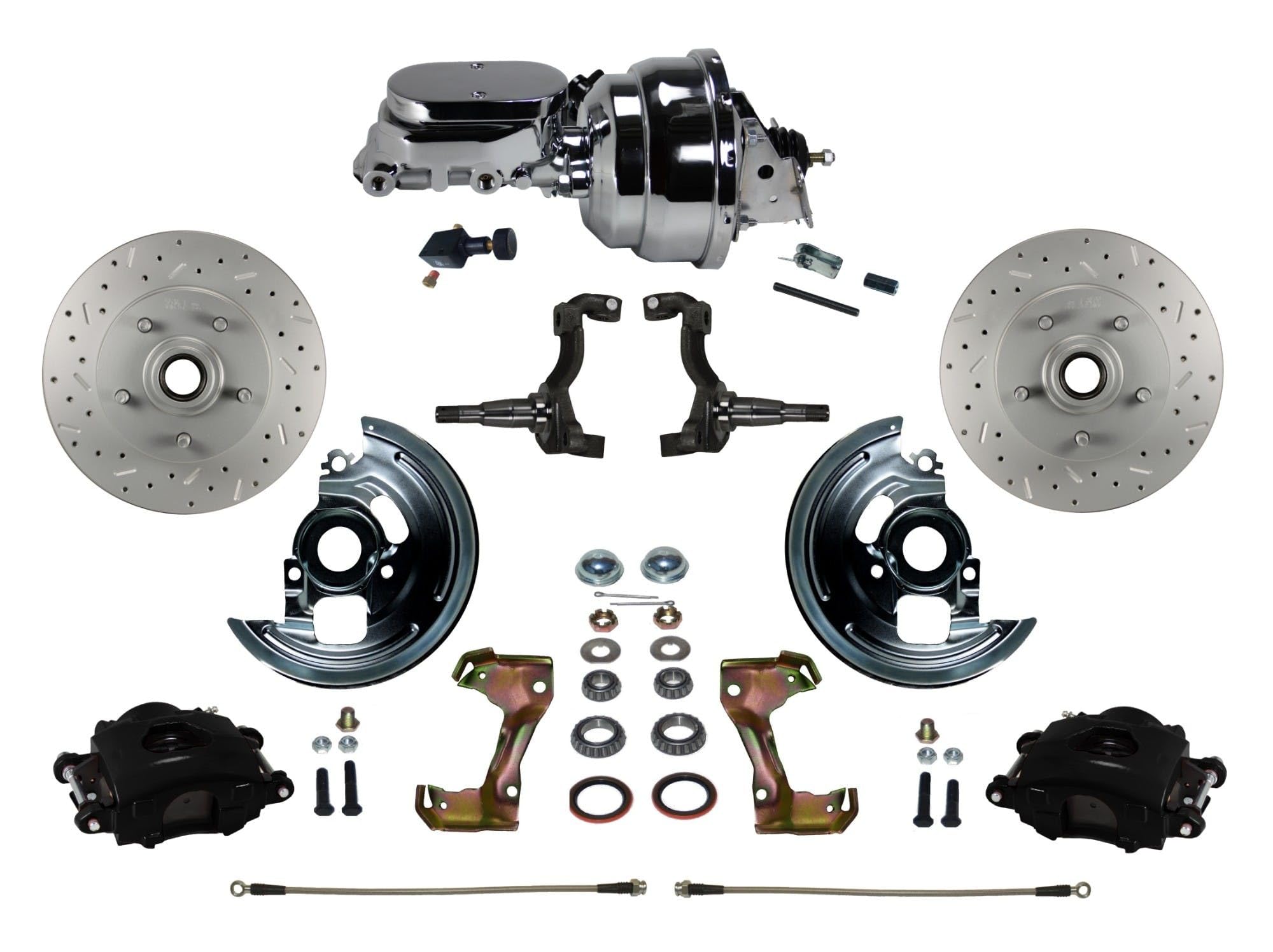 Power Front Disc Brake Kit LEED BRAKES Drilled And Slotted Rotors Black Powder Coated Calipers With 8" Dual Booster and Adjustable Proportioning Valve