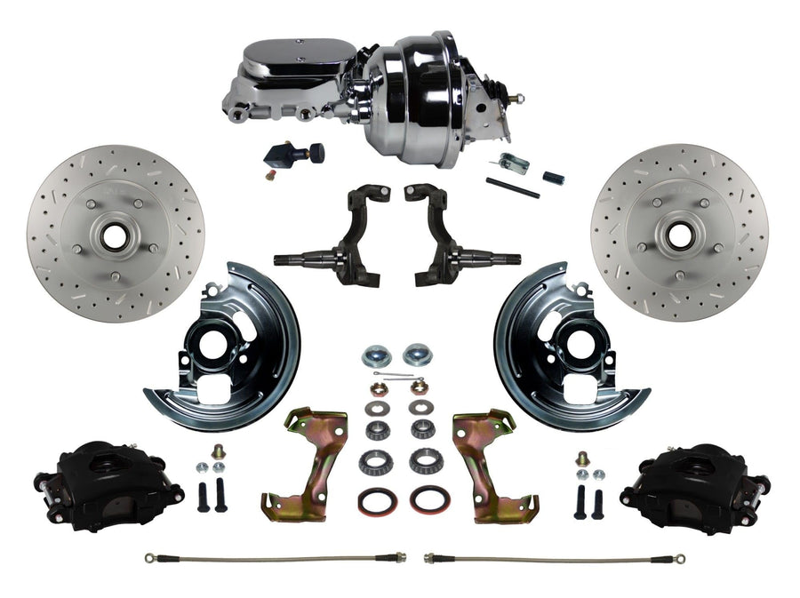 Power Front Disc Brake Kit LEED BRAKES Drilled And Slotted Rotors Black Powder Coated Calipers With 8" Dual Booster and Adjustable Proportioning Valve