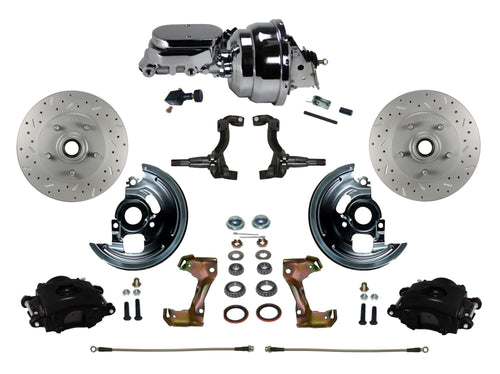 Power Front Disc Brake Kit LEED BRAKES Drilled And Slotted Rotors Black Powder Coated Calipers With 8" Dual Booster and Adjustable Proportioning Valve