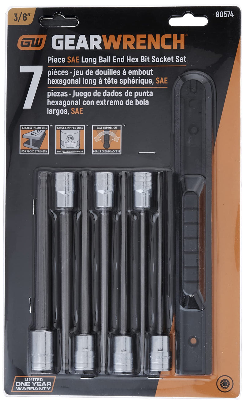 7 Pc. GEARWRENCH 3/8" Drive Long Ball End Hex Bit SAE Socket Set - 80574