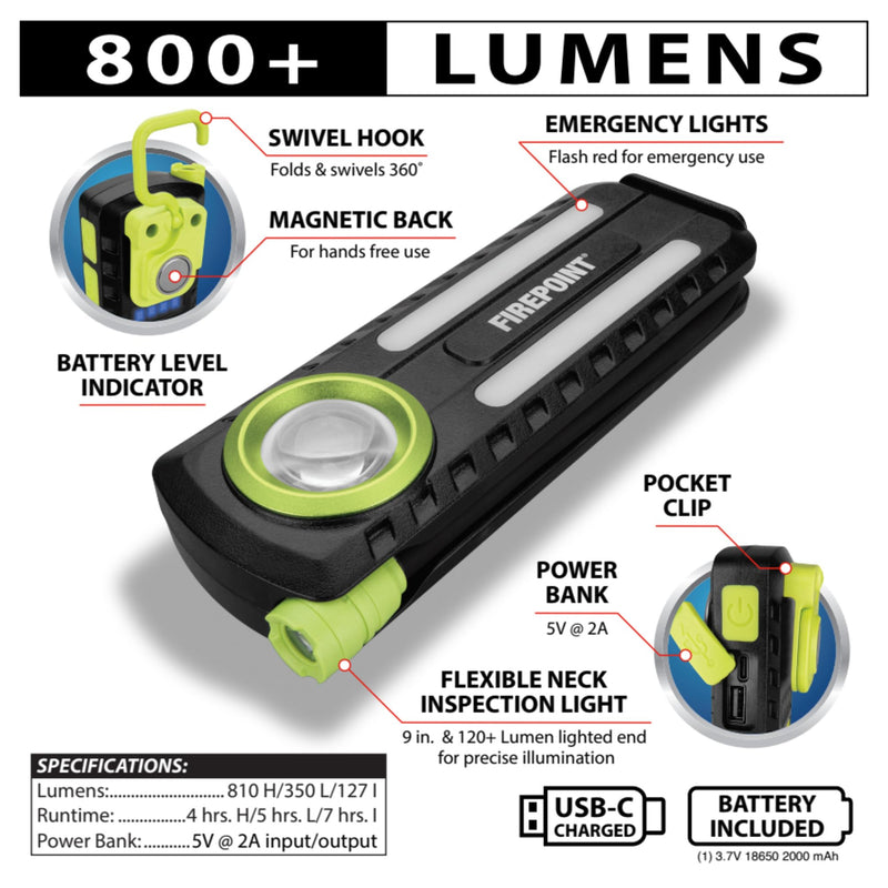 Firepoint Performance Tool W2695 800+LM Flex Neck Li-Ion Task Light, 3-in-1, Power Bank Functionality, USB-C Charging, Red LED Lights, Black/Green