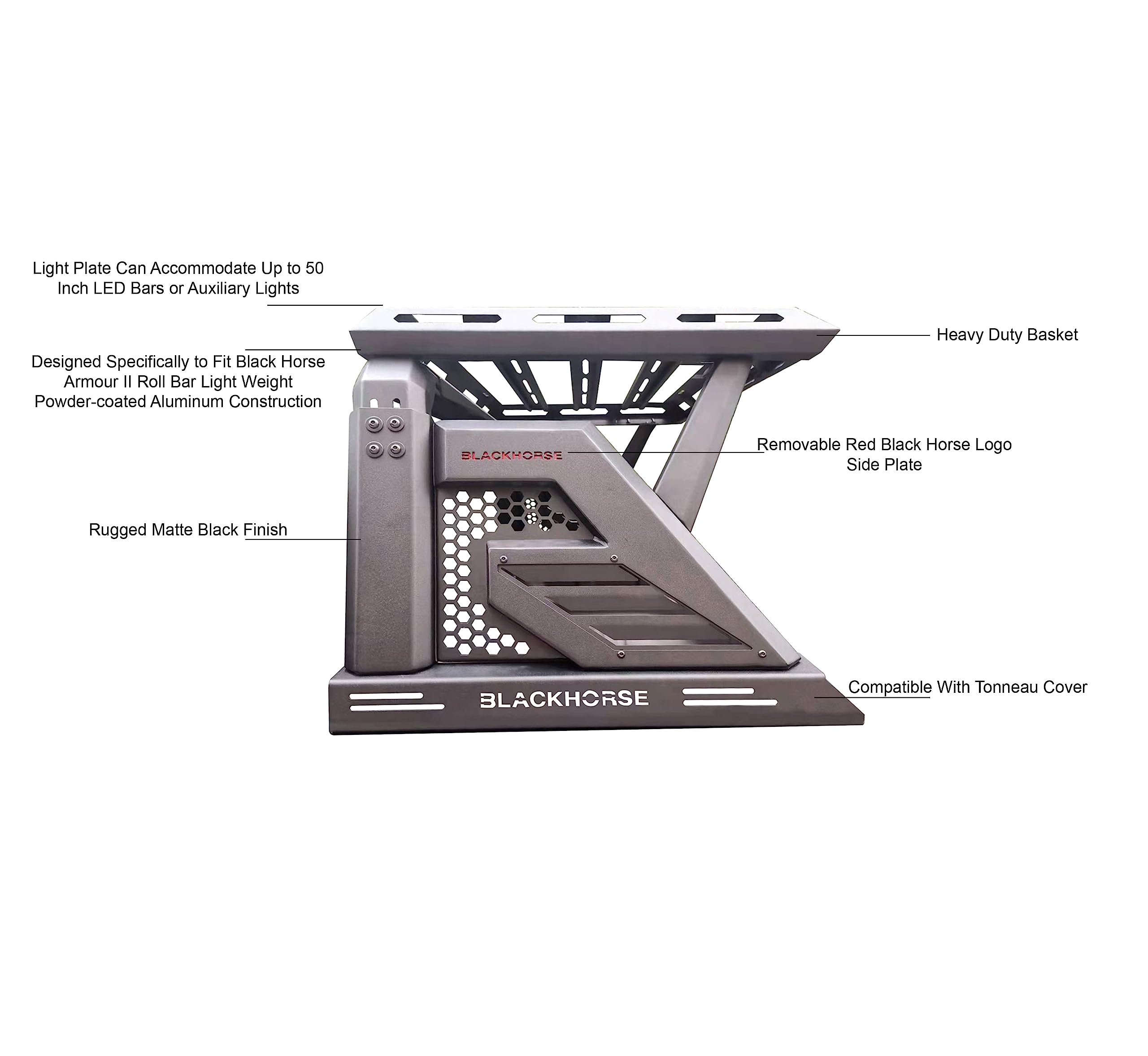 Armour II Black Horse Off Road Roll Bar W/Basket Black Compatible with 2019-2022 Ford Ranger-AR2-07BA3