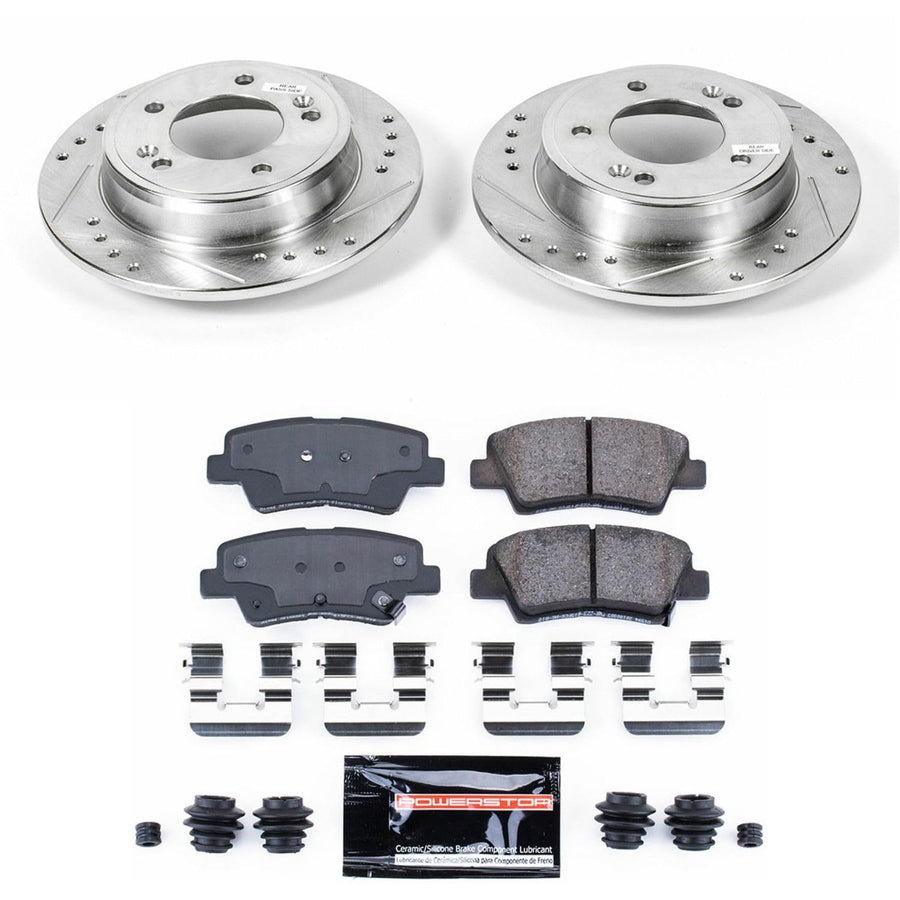 Power Stop K6502 Z23 Rear Carbon Fiber Brake Pads with Drilled & Slotted Brake Rotors Kit For Elantra GT, Veloster, Velos, Forte, Forte Koup, Forte5, Soul [Model Specific]