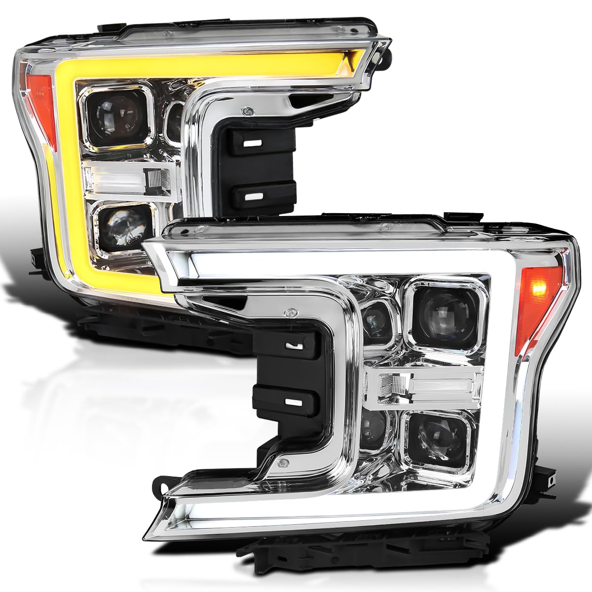 Chrome Sequential Switchback Projector Headlights SPEC-D TUNING w/LED Light Bar Compatible with 2018-2020 Ford F-150, Left + Right Pair Headlamps Assembly