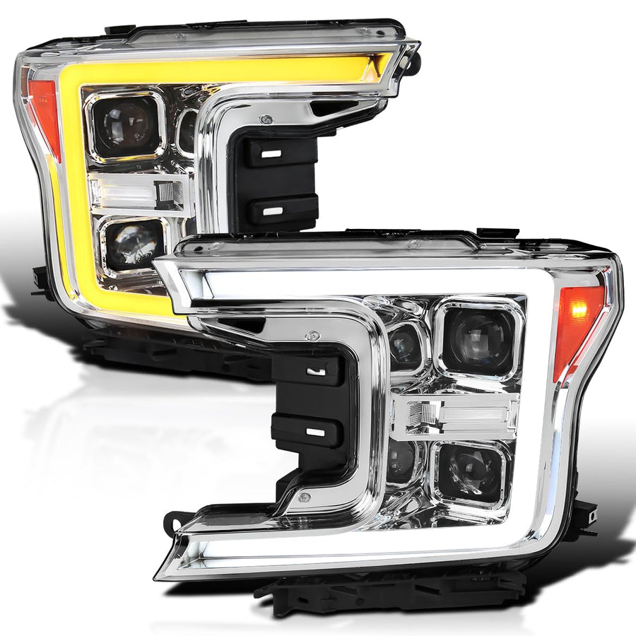 Chrome Sequential Switchback Projector Headlights SPEC-D TUNING w/LED Light Bar Compatible with 2018-2020 Ford F-150, Left + Right Pair Headlamps Assembly
