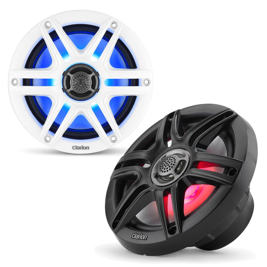 CMS-651RGB-SWB Clarion 6.5-inch Coaxial Marine Speakers with Built-in RGB Illumination 30W RMS Power handling 1/2-inch (13 mm) Polymer Dome Tweeter Includes White & Black Sport Grilles