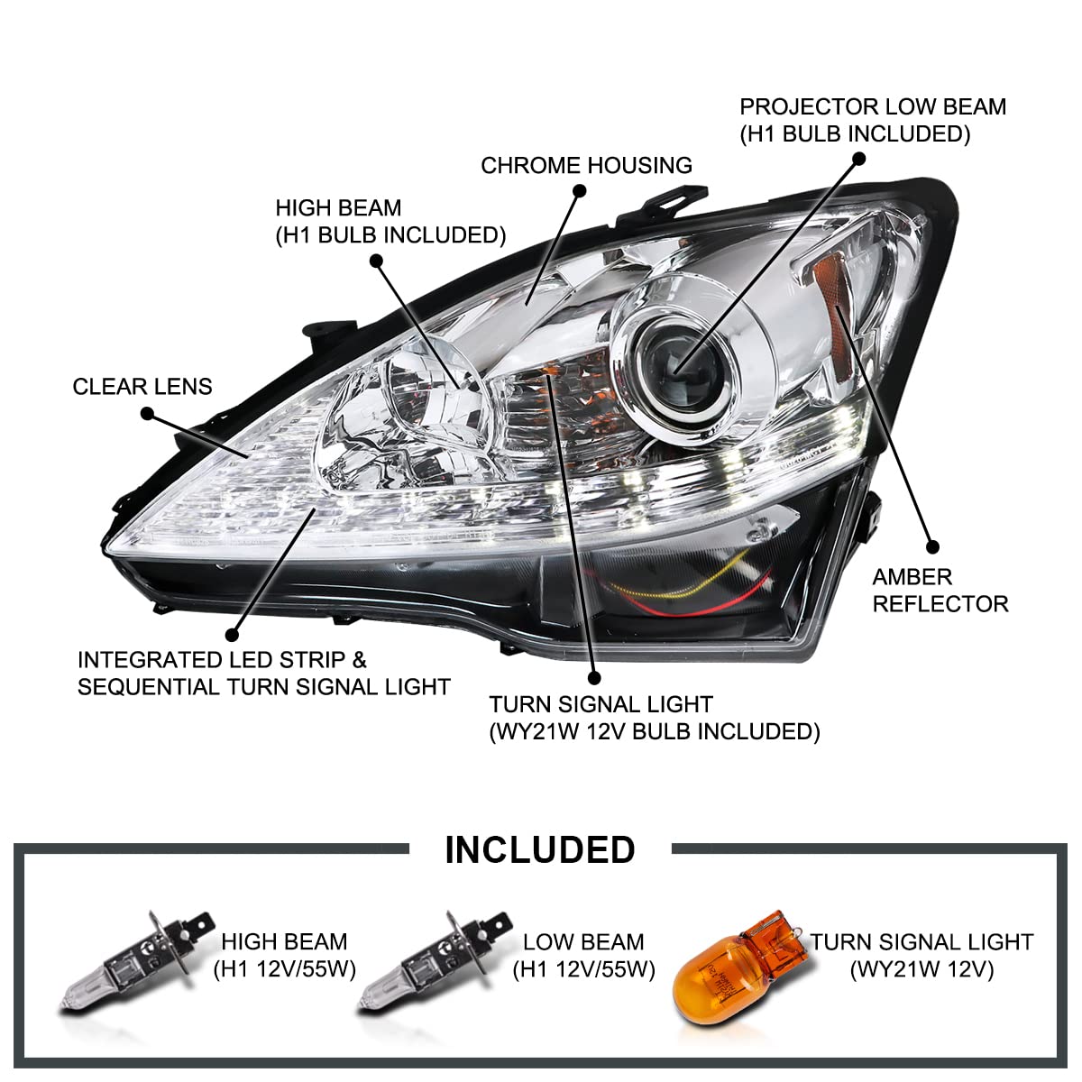 Spec-D Tuning Clear Lens Chrome Housing Projector Headlights w/Sequential LED Signal Compatible with 2006-2010 Lexus IS250 IS350, Left + Right Pair Headlamps Assembly