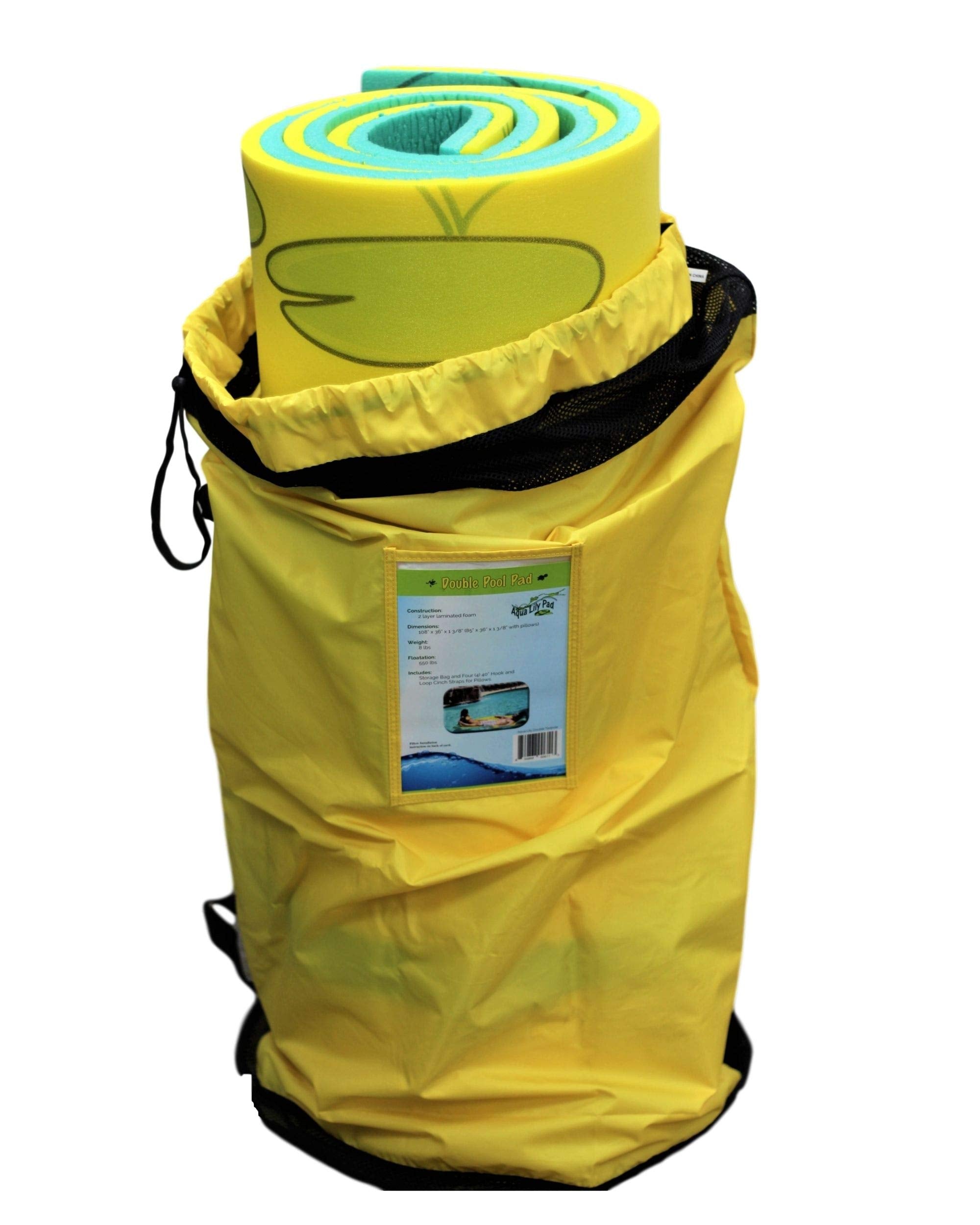 Aqua Lily Pad 85 x 24 Inch Single Adult Tadpole Floating Foam Pool Lounger Water Blanket Table Bed Mat with Pillow Straps & Storage Bag, Green/Yellow