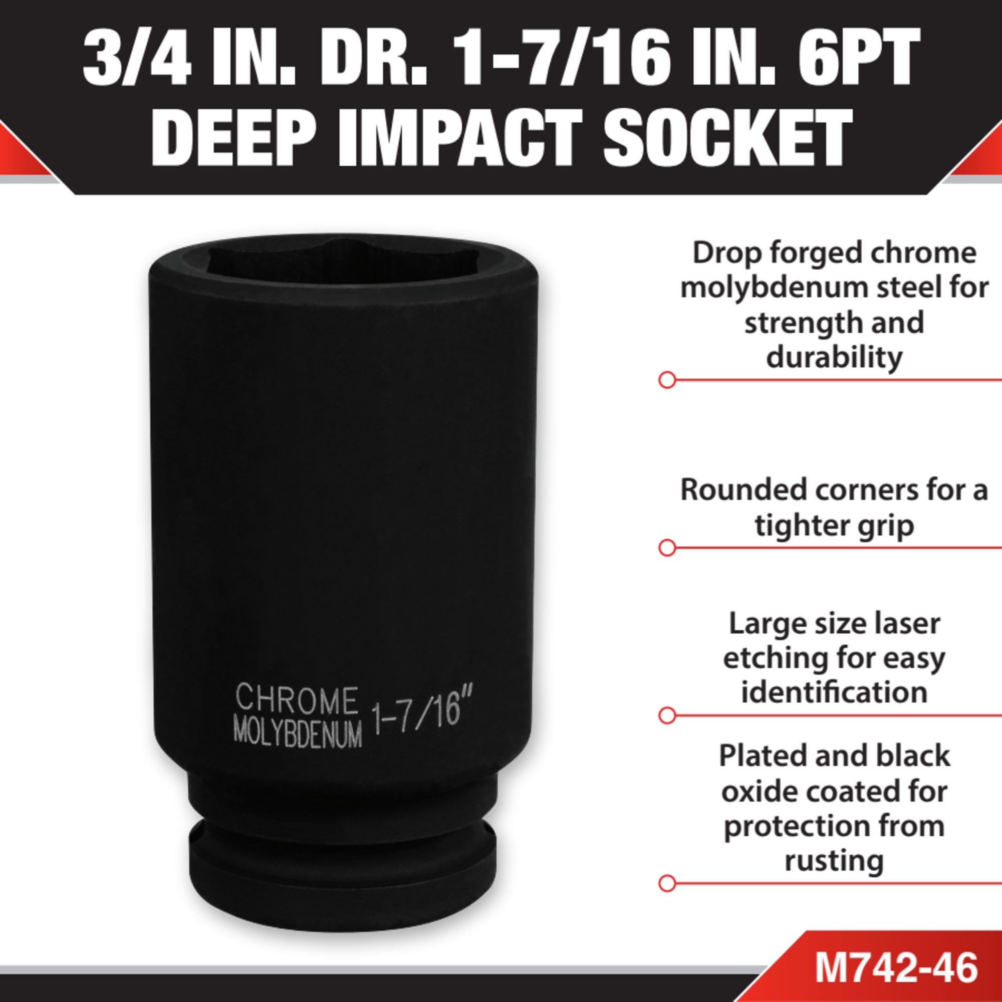 3/4-Inch Drive Performance Tool M742-46 1-7/16 Deep Wall Impact Socket for Heavy-Duty Automotive and Industrial Applications with Durability and Precision