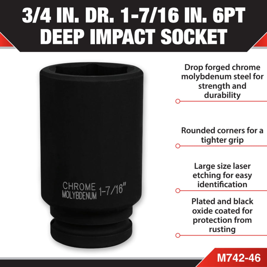 3/4-Inch Drive Performance Tool M742-46 1-7/16 Deep Wall Impact Socket for Heavy-Duty Automotive and Industrial Applications with Durability and Precision