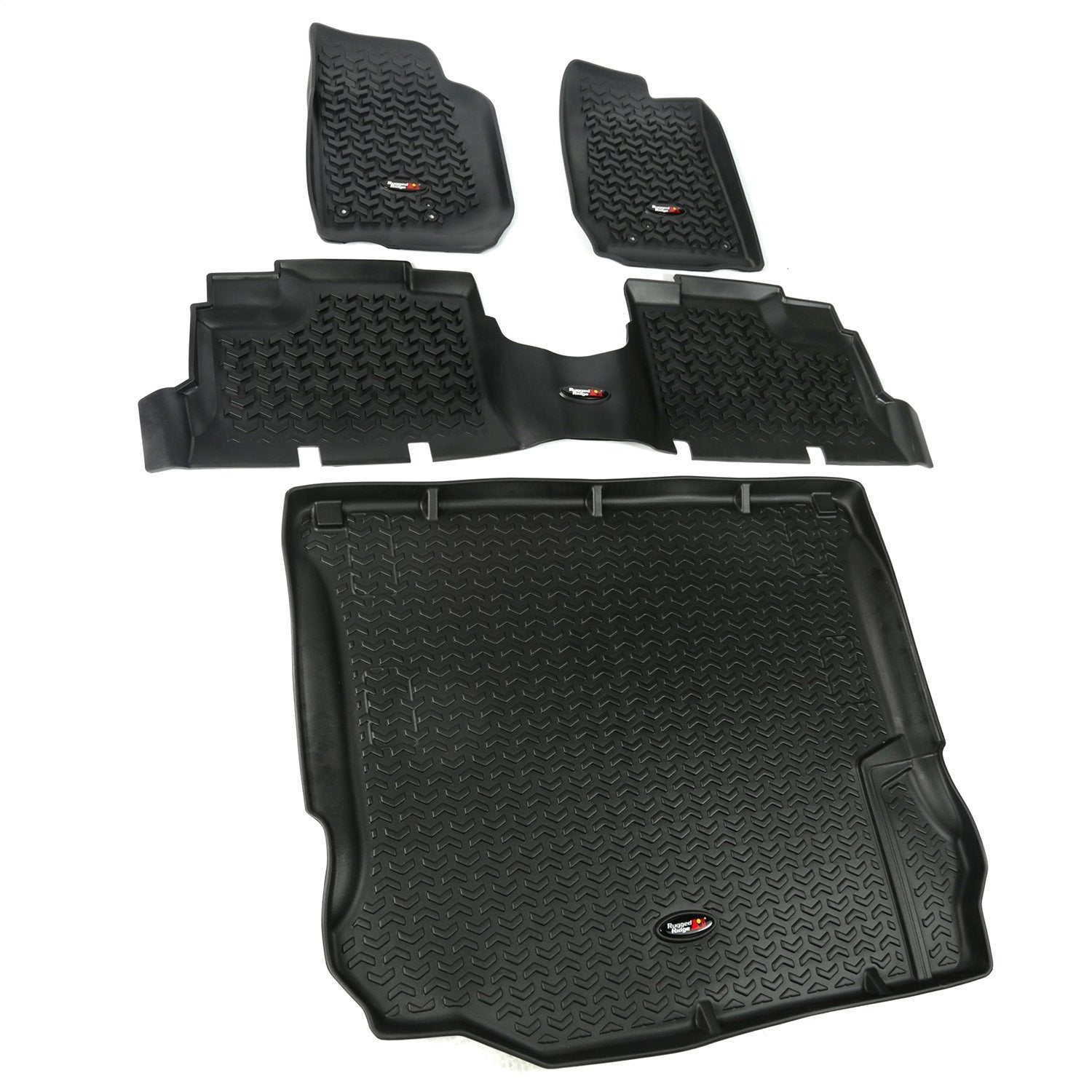 Floor Liner Set Rugged Ridge for Jeep Wrangler JKU | Front/Rear/Cargo, 4-Piece Set, Black | 12988.04 | Fits 2011-2018 Jeep Wrangler JKU 4-Door
