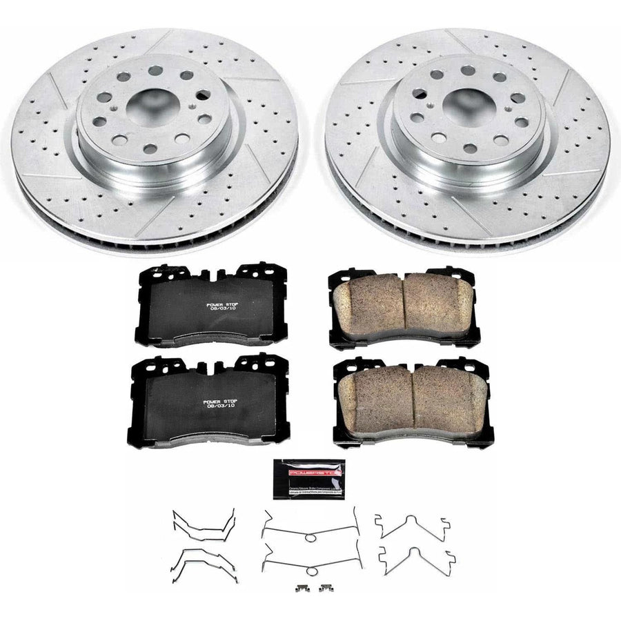 Power Stop K5824 Z23 Carbon Fiber Brake Pads Front with Drilled & Slotted Brake Rotors Kit and 2 Front Sensor Wires For Lexus LS460 2010-2017 [Model Specific]