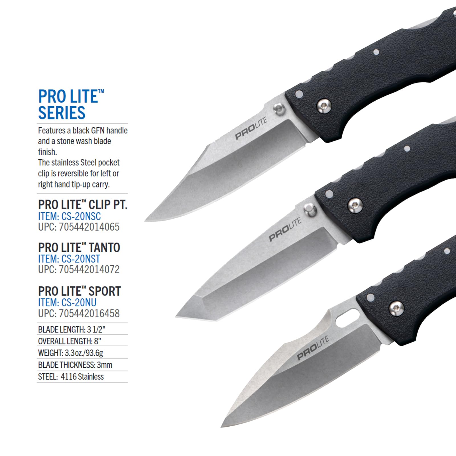 Cold Steel 3.5" Pro Lite Clip Point Razor-Sharp Blade 4.5" GFN Handle Everyday Carry Pocket Folding Knife w/Tri-Ad Lock