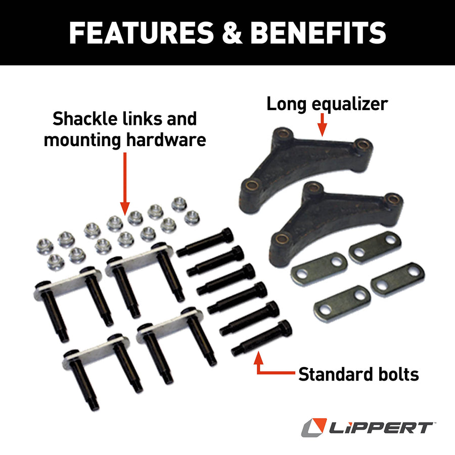 Tandem Axle Lippert Replacement Attaching Parts (AP) Kit with Long Equalizer and Standard Bolts for RV Trailer Suspensions - 121099