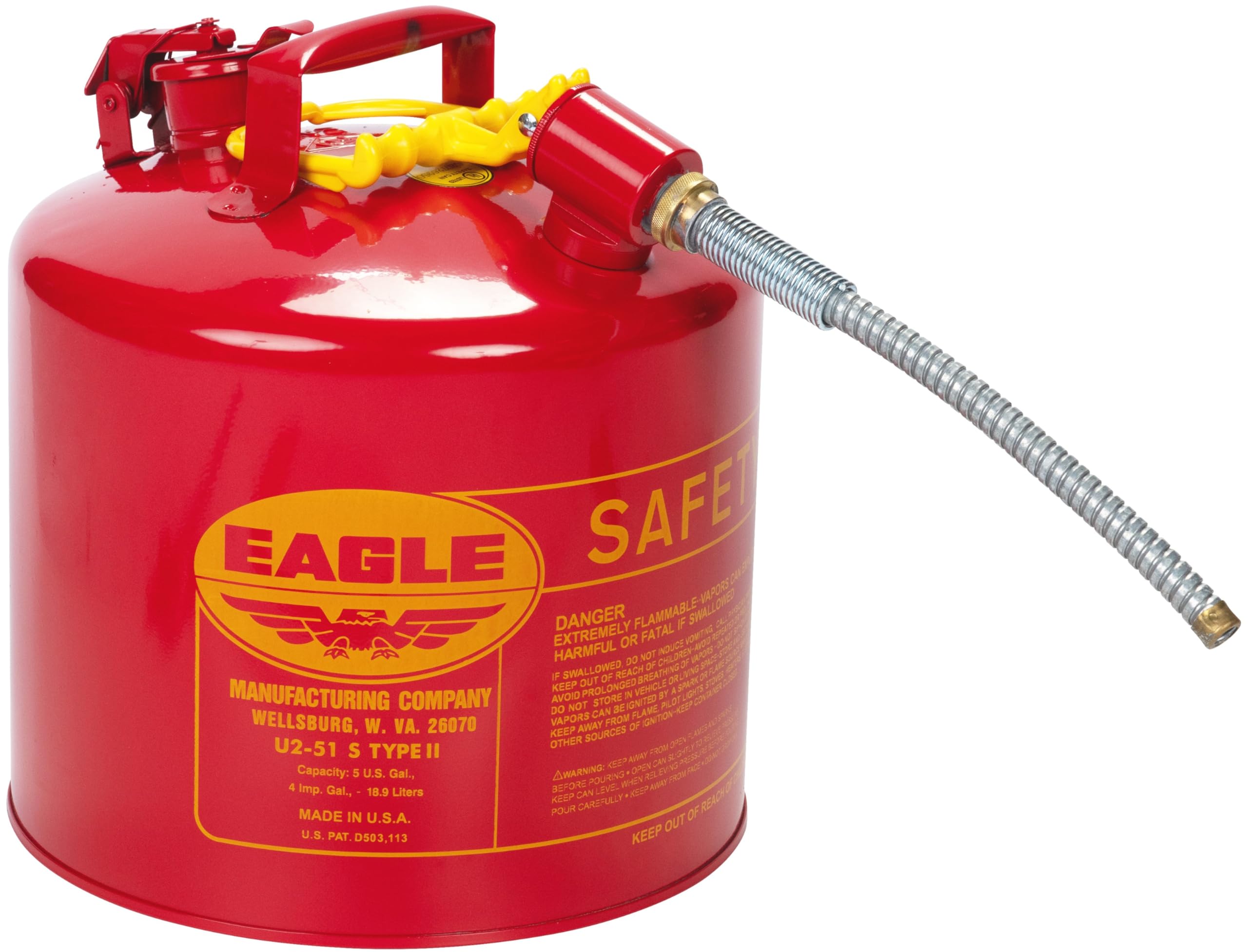 Eagle 5 Gallon Red Type II Safety Gas Can for Gasoline with Flame Arrester, Self-Closing Lid, and 12" x 7/8" Flexible Metal Hose, Made in the USA, Galvanized Steel Flammable Storage Can, U251S