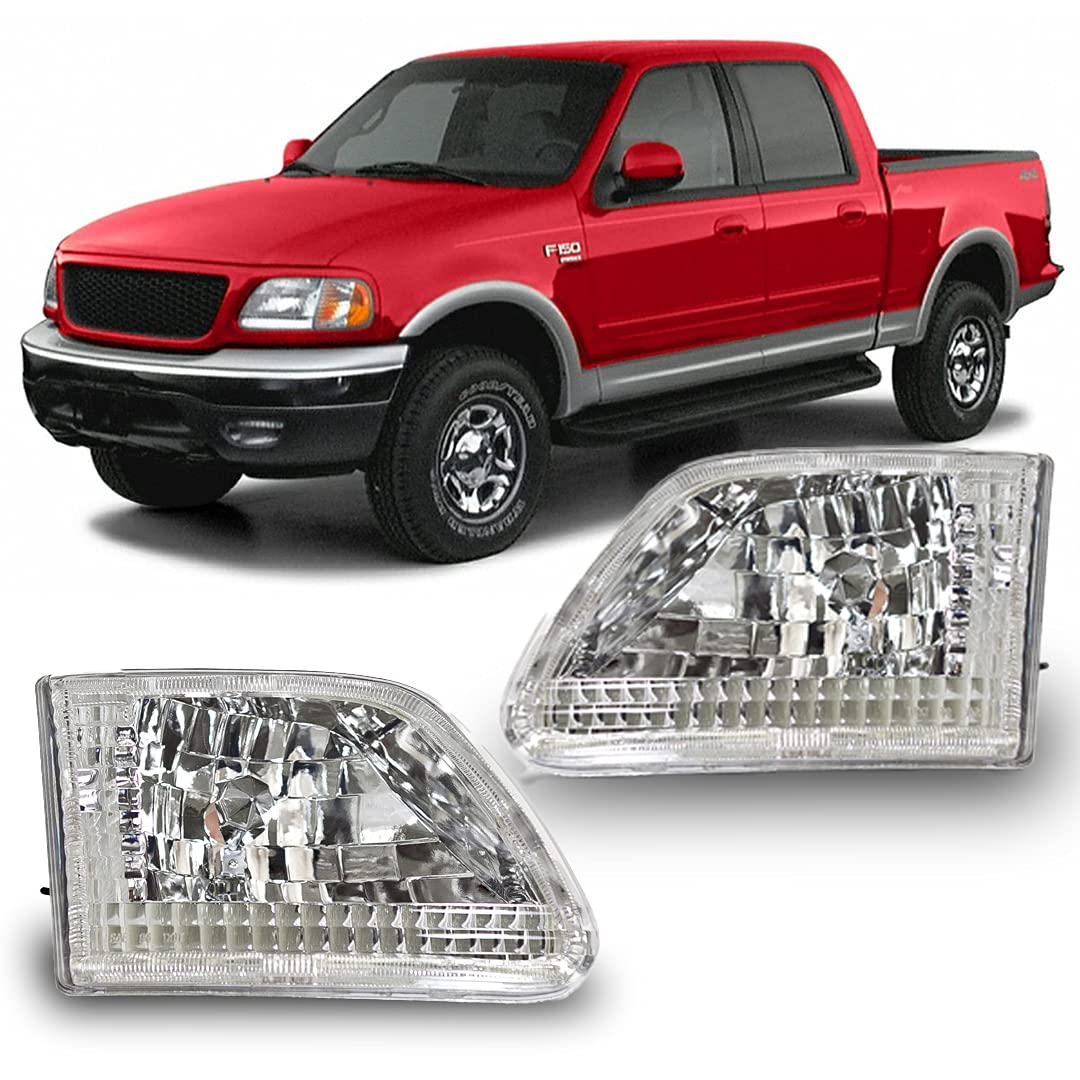 Head lights Assembly Winjet Compatible with [1997 1998 1999 2000 2001 2002 Ford Expedition] [1997-2003 Ford F-150] [1997-1999 F-250 Light Duty] [2004 Ford F-150 Heritage] Headlamps Clear Lens