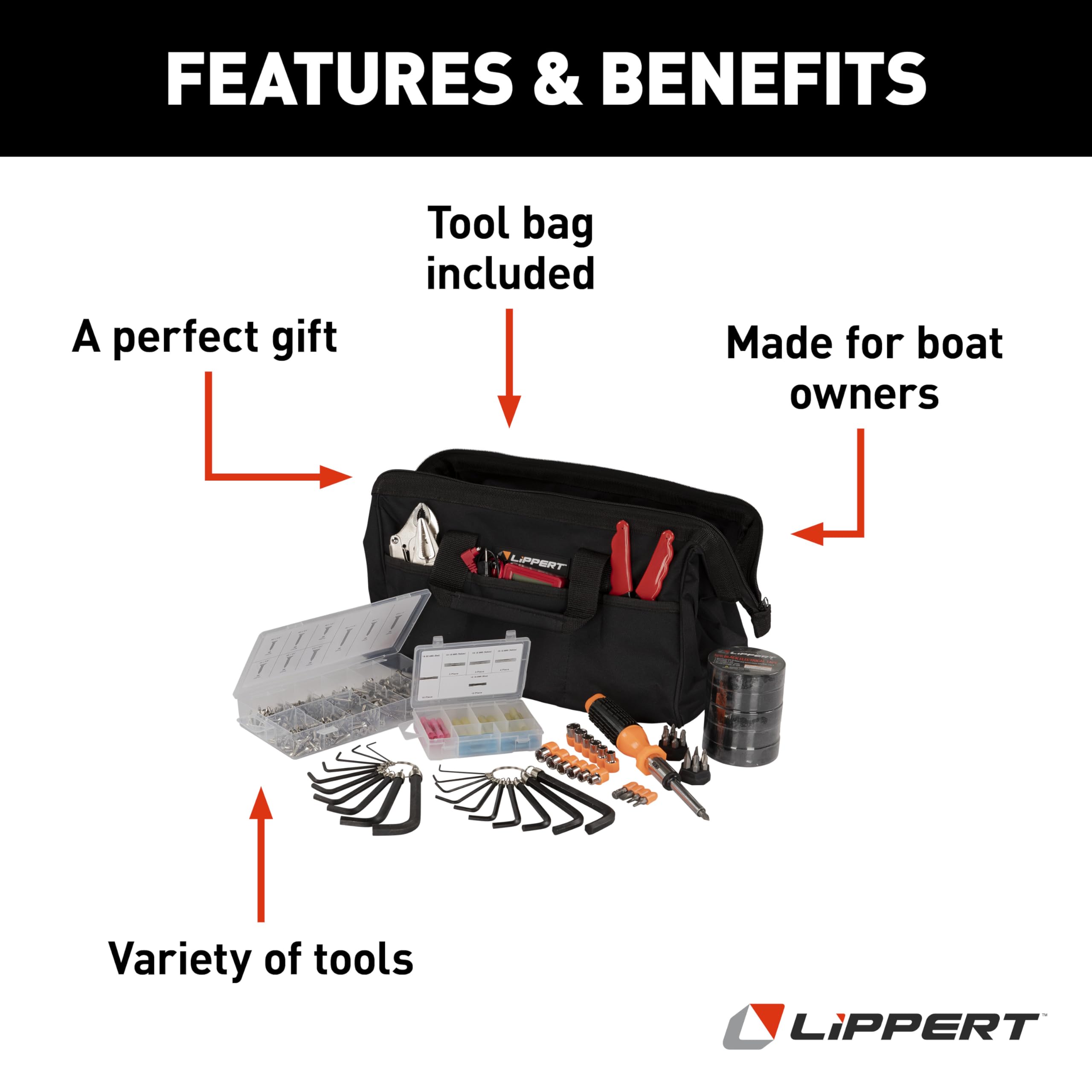 Boat Tool Kit Lippert, 435 Piece Tool Set for Boat Repairs, Included Carrying Case, 15 Different Items, Comprehensive Marine Maintenance Bundle - 2023035865