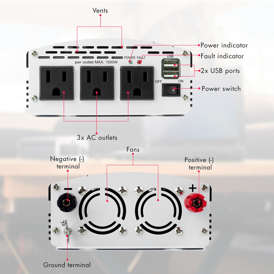 Wagan 1000W Slimline Plus AC to DC Power Inverter 1000 Watt TrueRated Continuous 2500 Watt Surge Power DC 12V to AC 110V Modified Sine Wave 3 AC Outlets and 2A USB Charging Port