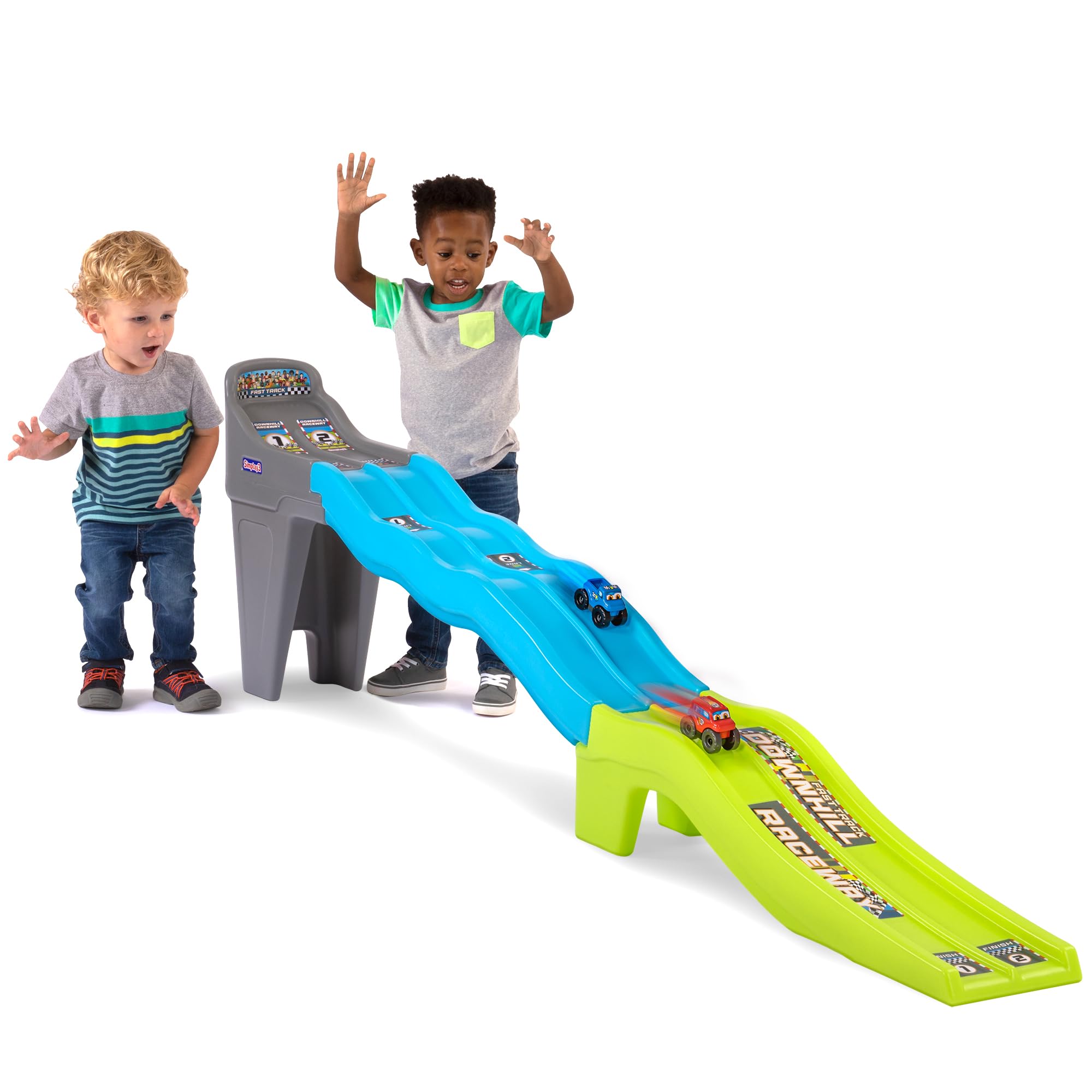 Simplay3 Downhill Raceway Fast Track, Dual Racetrack for Kids Cars for Toddlers, 2 Toy Race Cars Included, Made in USA