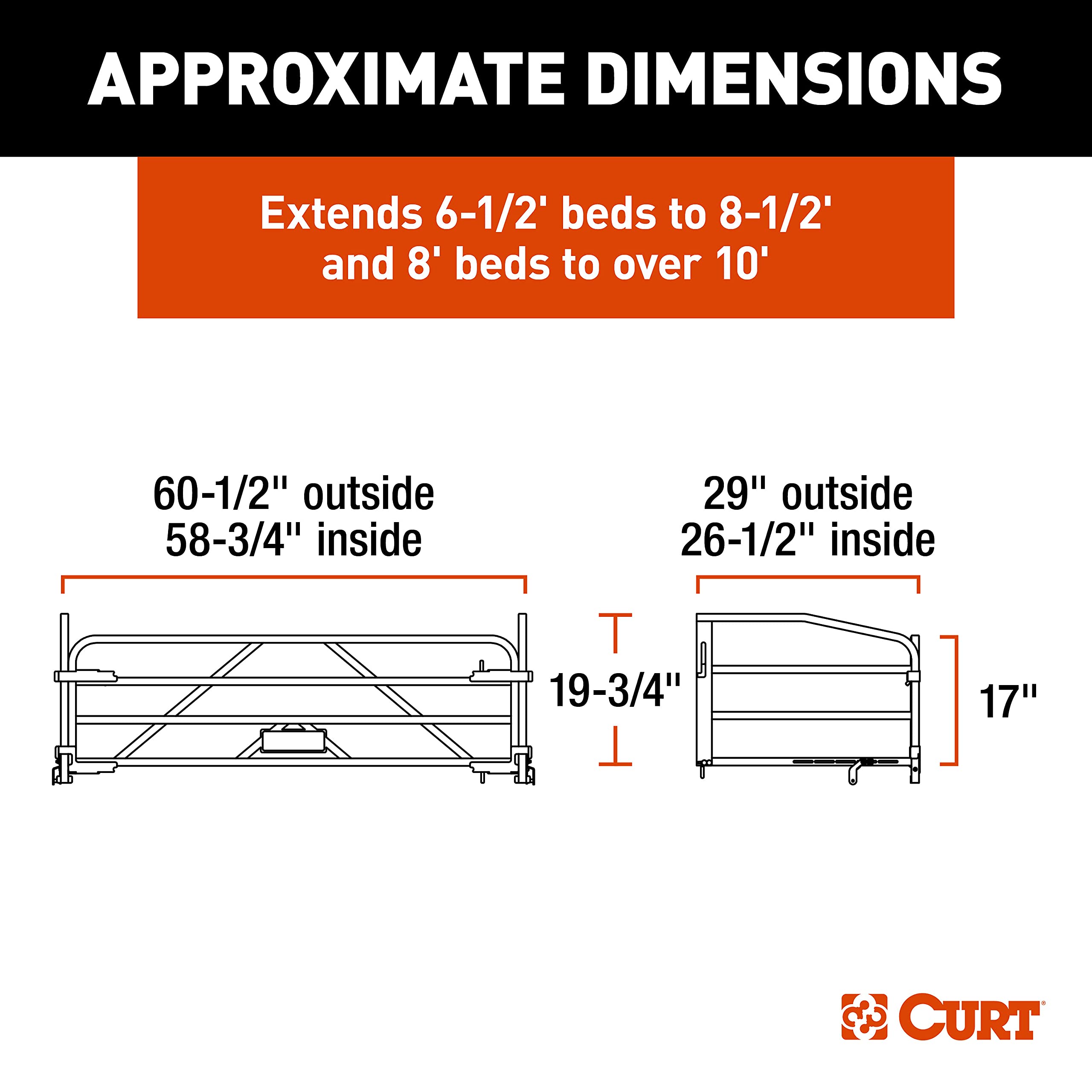 CURT Universal Truck Bed Extender 18325 with Fold-Down Tailgate, 26-1/2 x 58-3/4 x 19-3/4-Inch ID, Black Steel