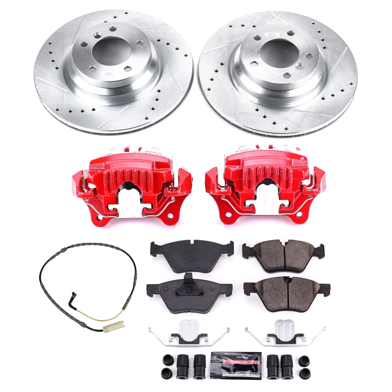 Power Stop Z23 KC5767 Evolution Sport Front Caliper Brake Kit-Drilled/Slotted Rotors, Carbon Ceramic Brake Pads, Calipers For BMW 330xi 2006 [Model Specific]