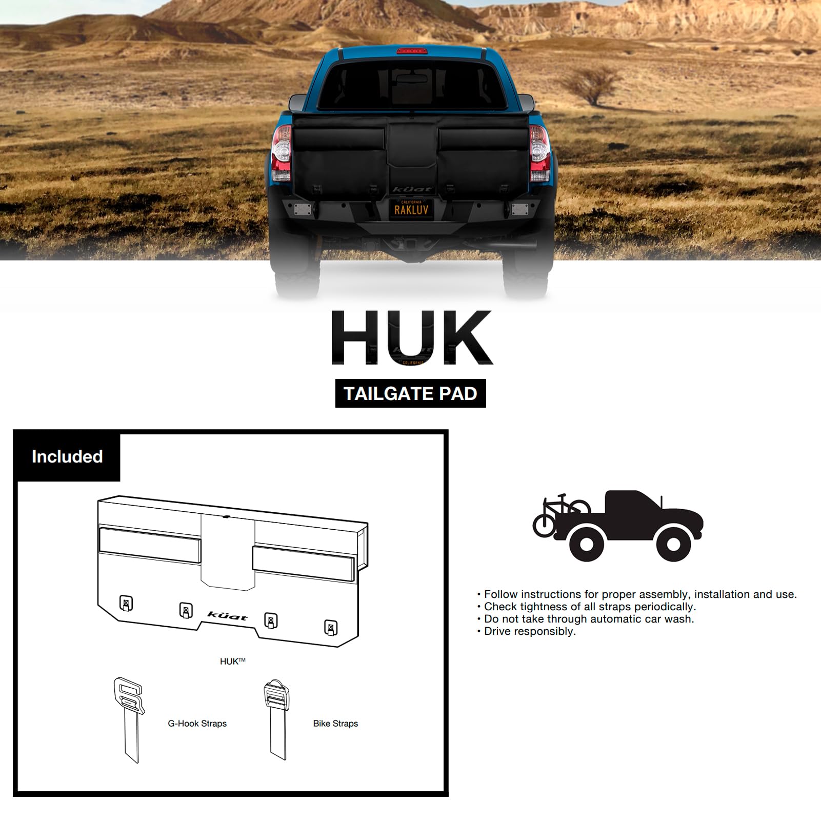 KUAT 51" HUK Straight Durable Soft-Touch TPU Padded Pickup Truck Tailgate Bike Hauling Transportation Easy-Access Protective Pad w/Nylon Straps, Metal G-Hook Buckles & Roll-Up Window, Black