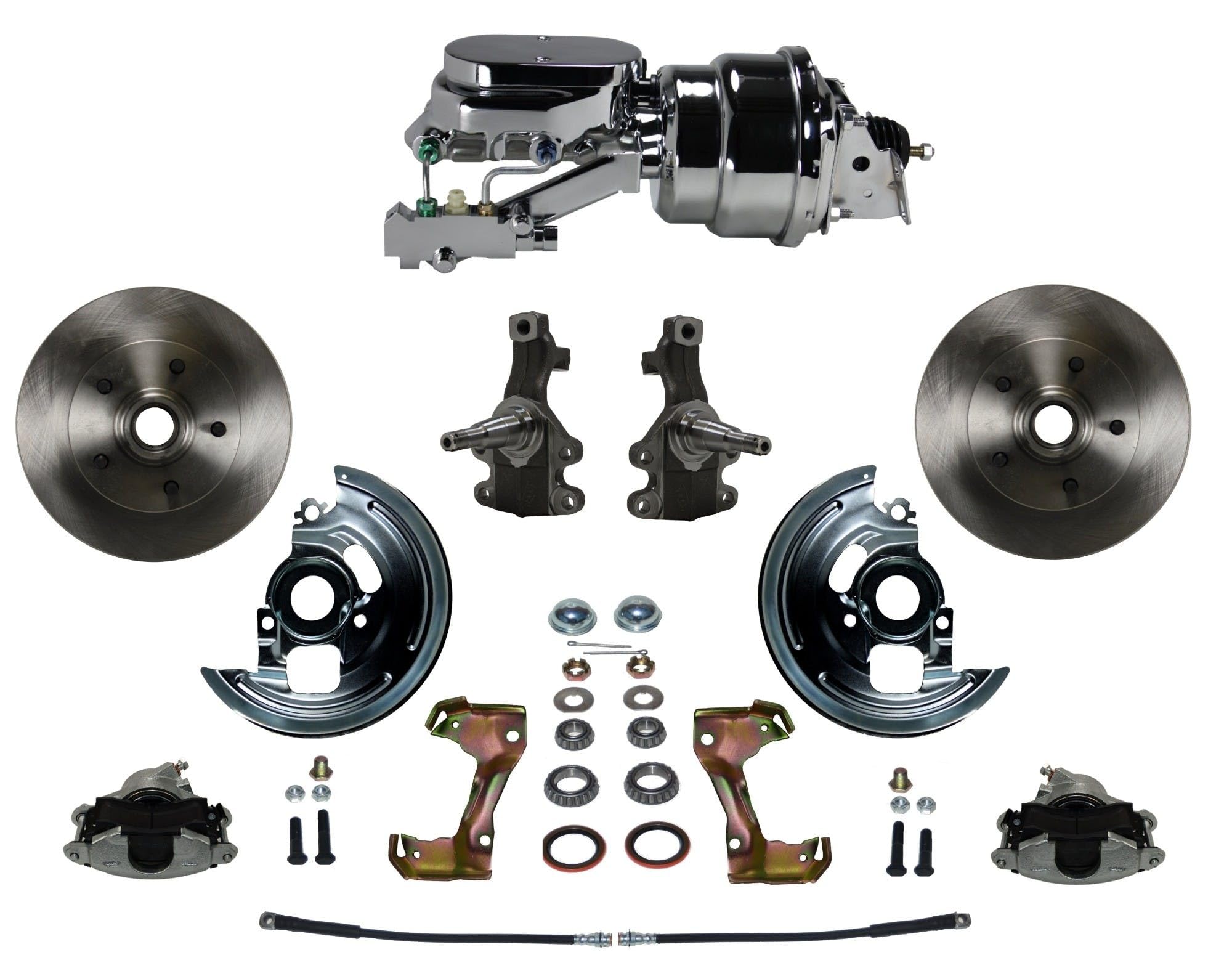 Power Brakes Leed Front Disc Brake Conversion Kit 2" Drop Spindle With 7" Dual Chrome Booster Flat Top Chrome M/C Disc/Disc Side Mount
