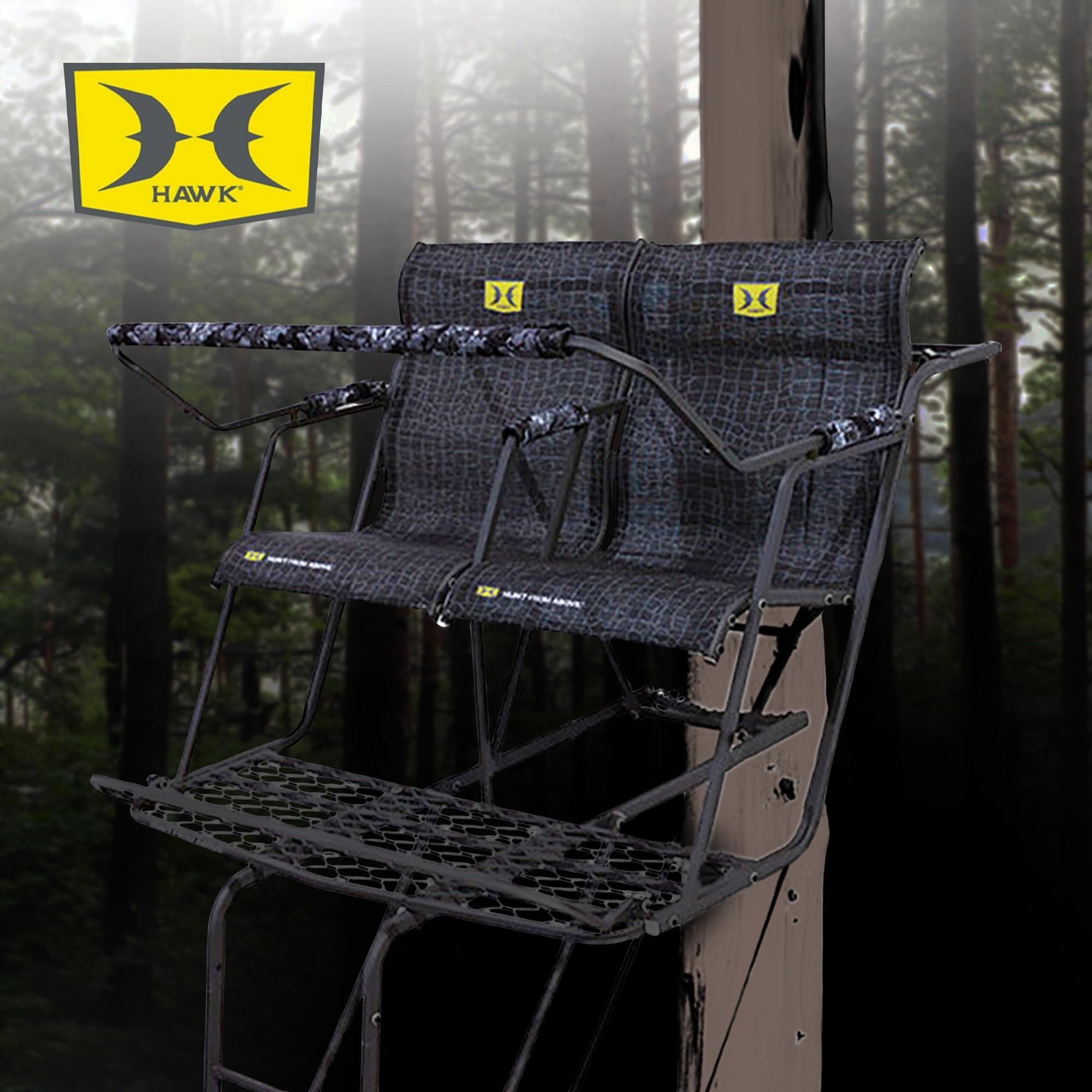 Hawk 2 Man Big Denali Climbing Tree Stand, 18 Foot Deer Hunting Ladderstand with Kick Out Footrests and Extra Large MeshComfort Seats