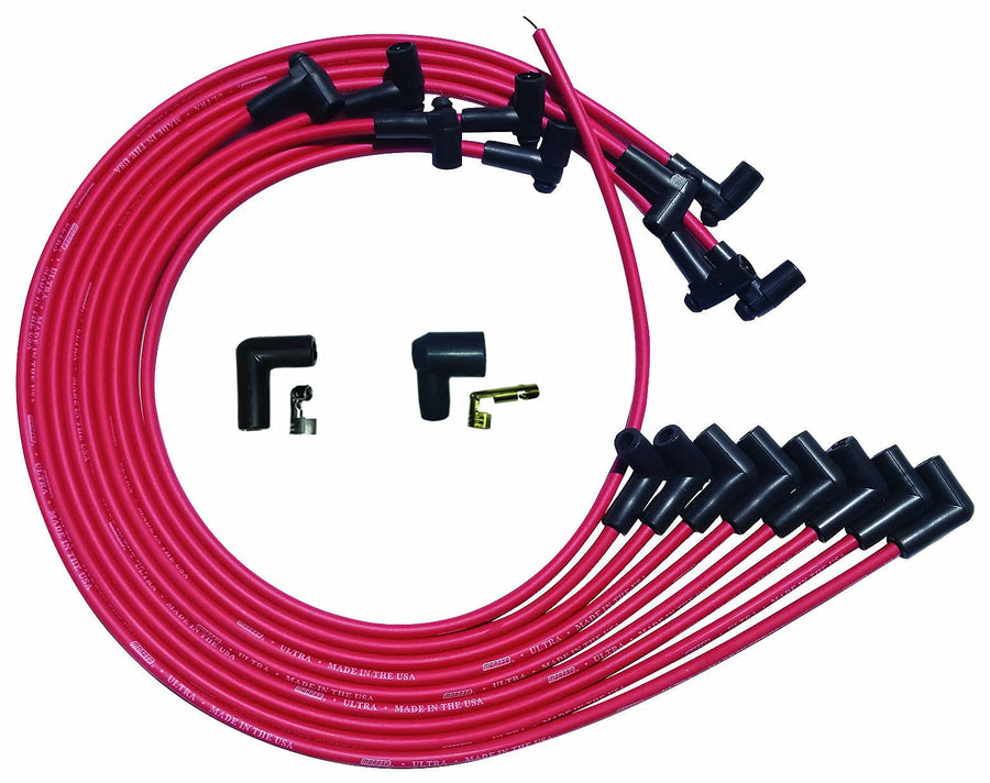 Moroso Ultra Series Red Spark Plug Wires, Small Block Chevy, Routing Under Header, 90 Degree plug Ends, HEI Distributor