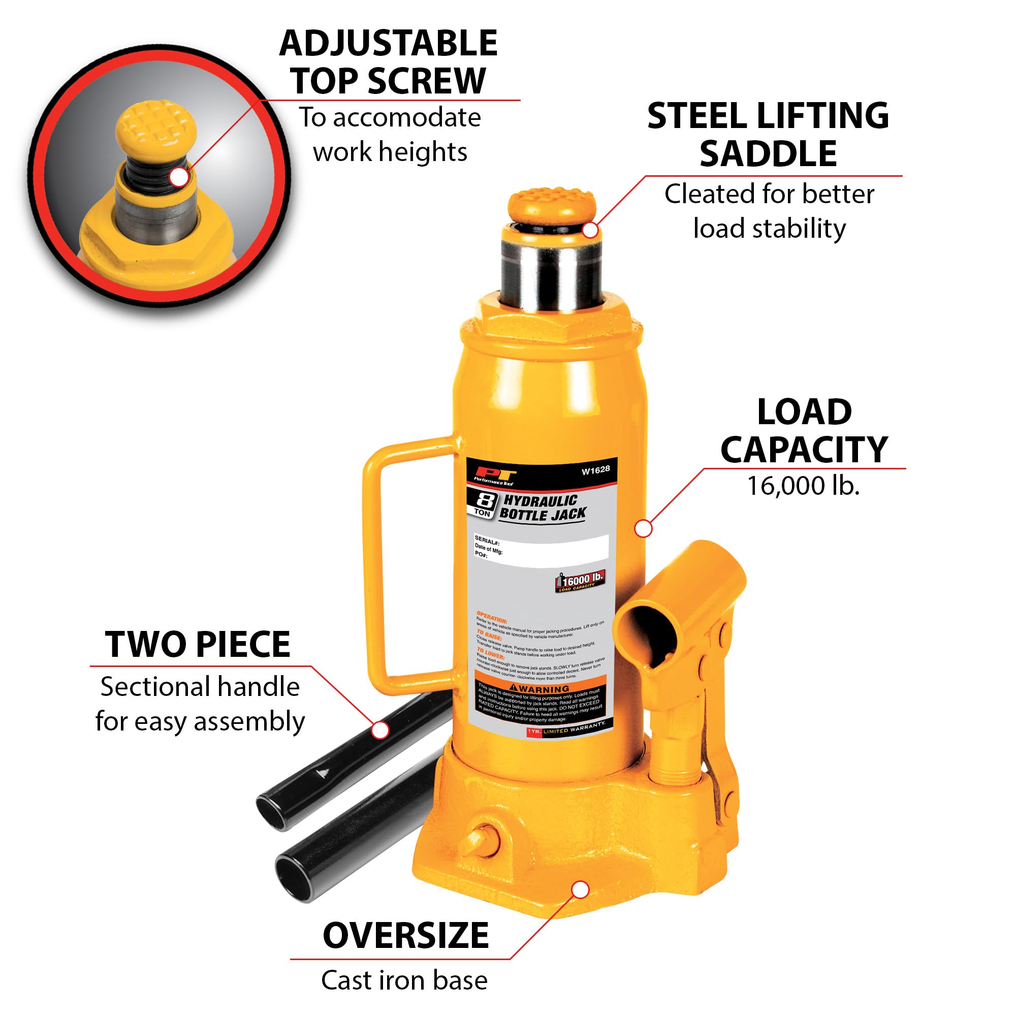 Heavy Duty Performance Tool W1628 8-Ton (16,000 lbs.) Hydraulic Bottle Jack