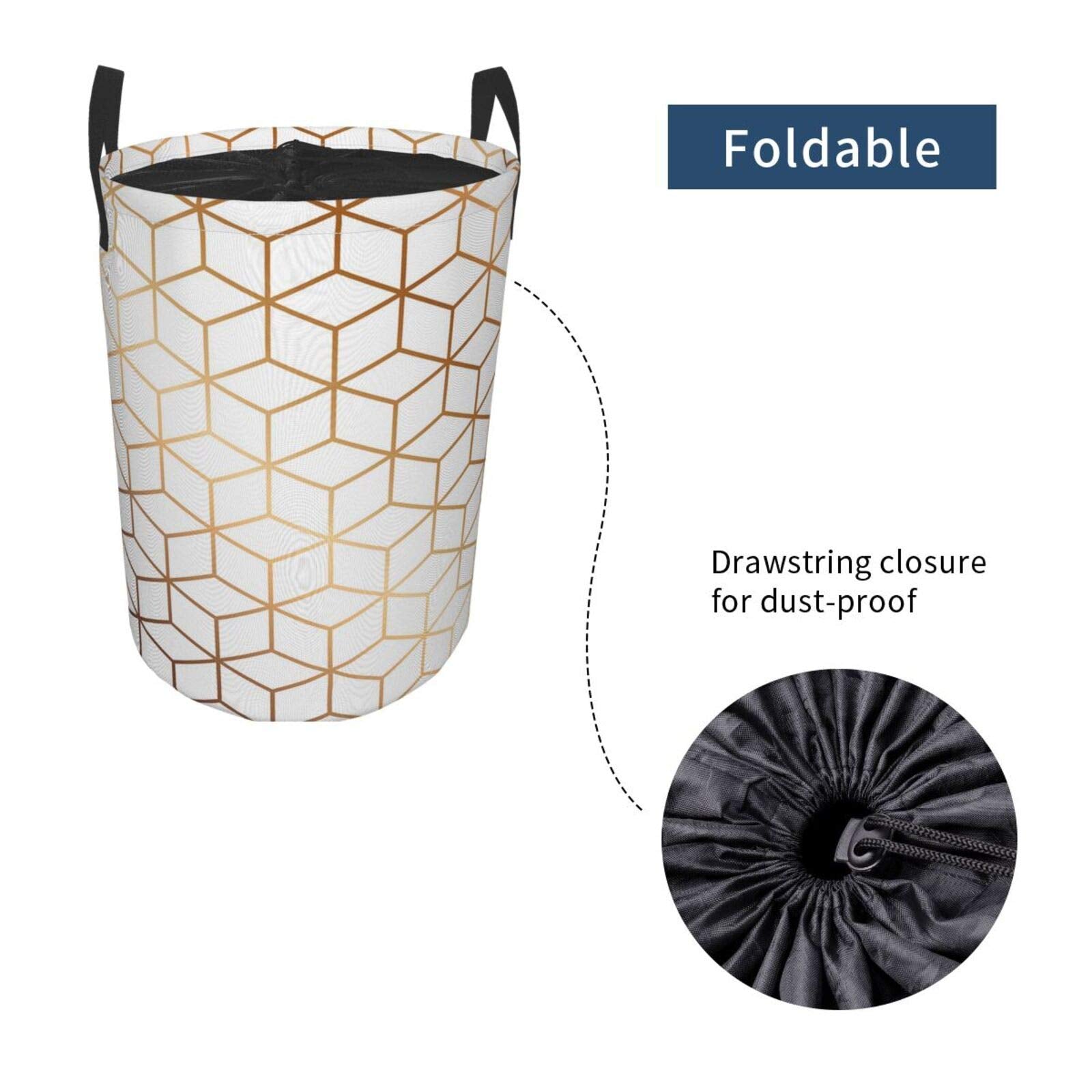 Marble Texture Large Storage Baskets, Pattern Design With Golden Cubes, Geometric, Drawstring Waterproof Round Collapsible Laundry Hamper for Dirty Clothes Toy Home Office 21.6"X16.5"