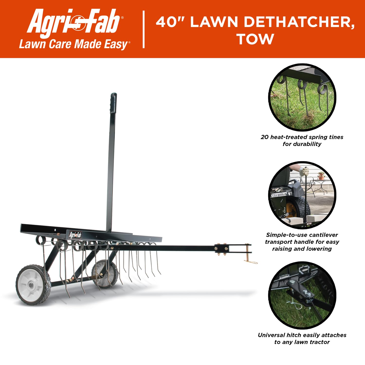40in Agri-Fab Tow Behind Lawn Dethatcher 45-0294, 20 Durable Spring Steel Tines Lawn dethatcher, Designed to pull behind Lawn and Garden Tractors, Black