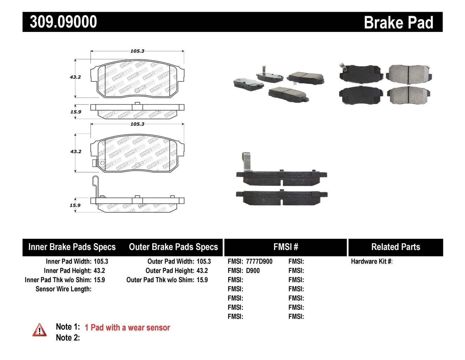 Sport Brake Pads StopTech 309.09000 with Shims and Hardware