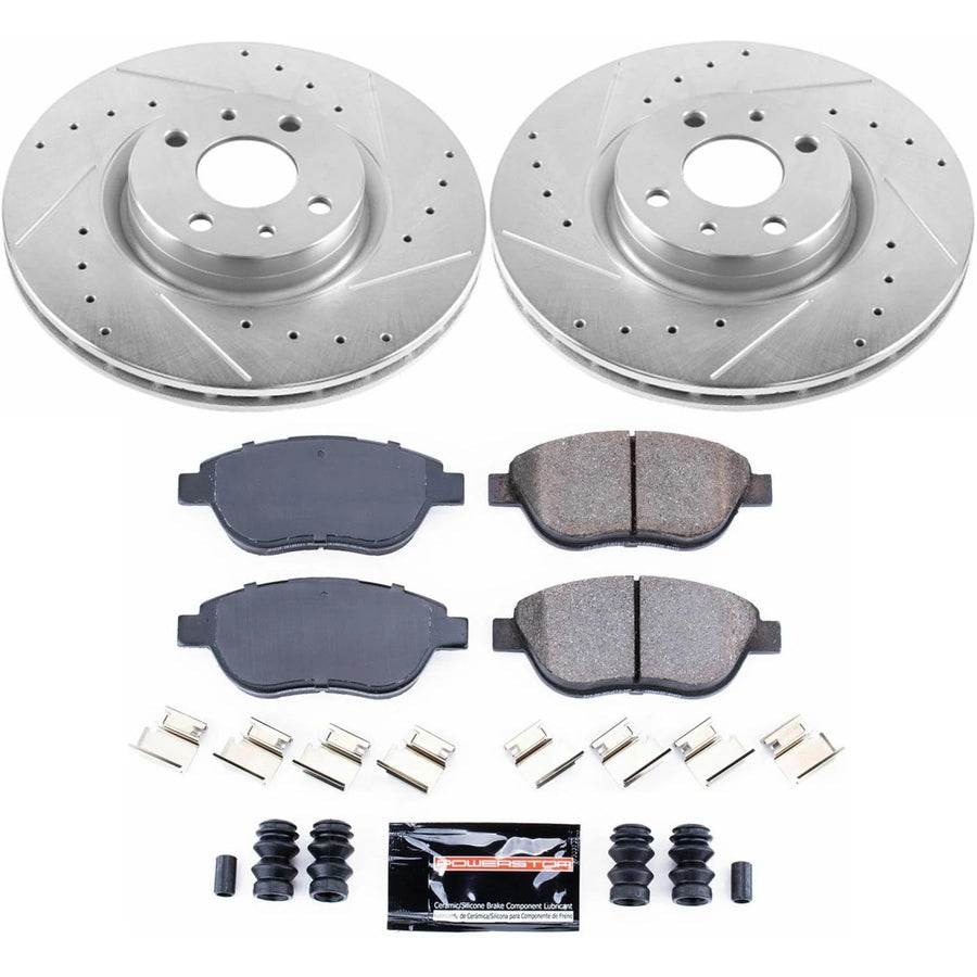 Power Stop K6426 Z23 Carbon Fiber Brake Pads with Drilled & Slotted Brake Rotors Kit For Fiat 500 2012-2019 [Model Specific]