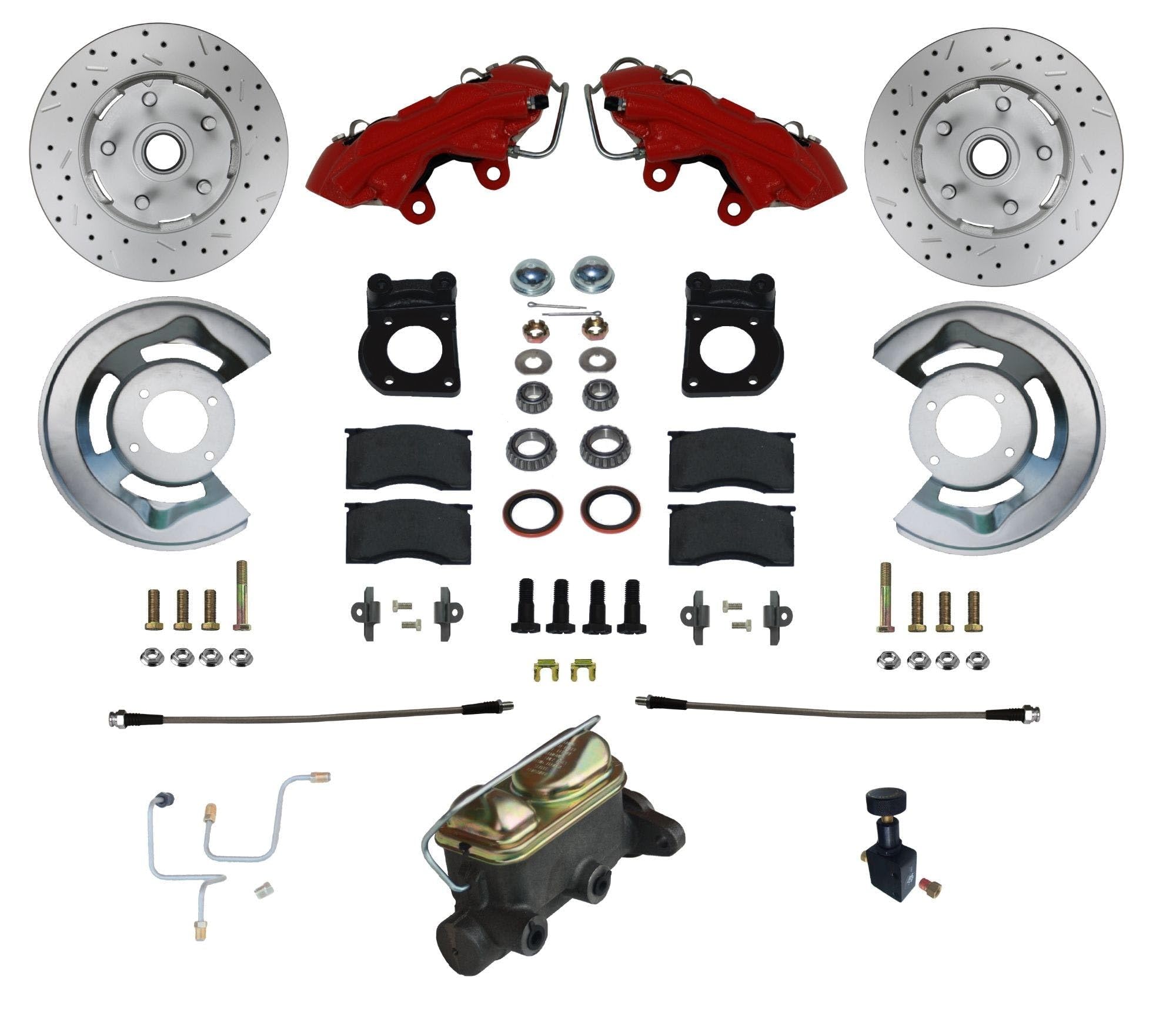 1964-1966 Ford Mustang Front Manual Disc Brake Conversion Kit with MaxGrip XDS Rotors and Red Calipers