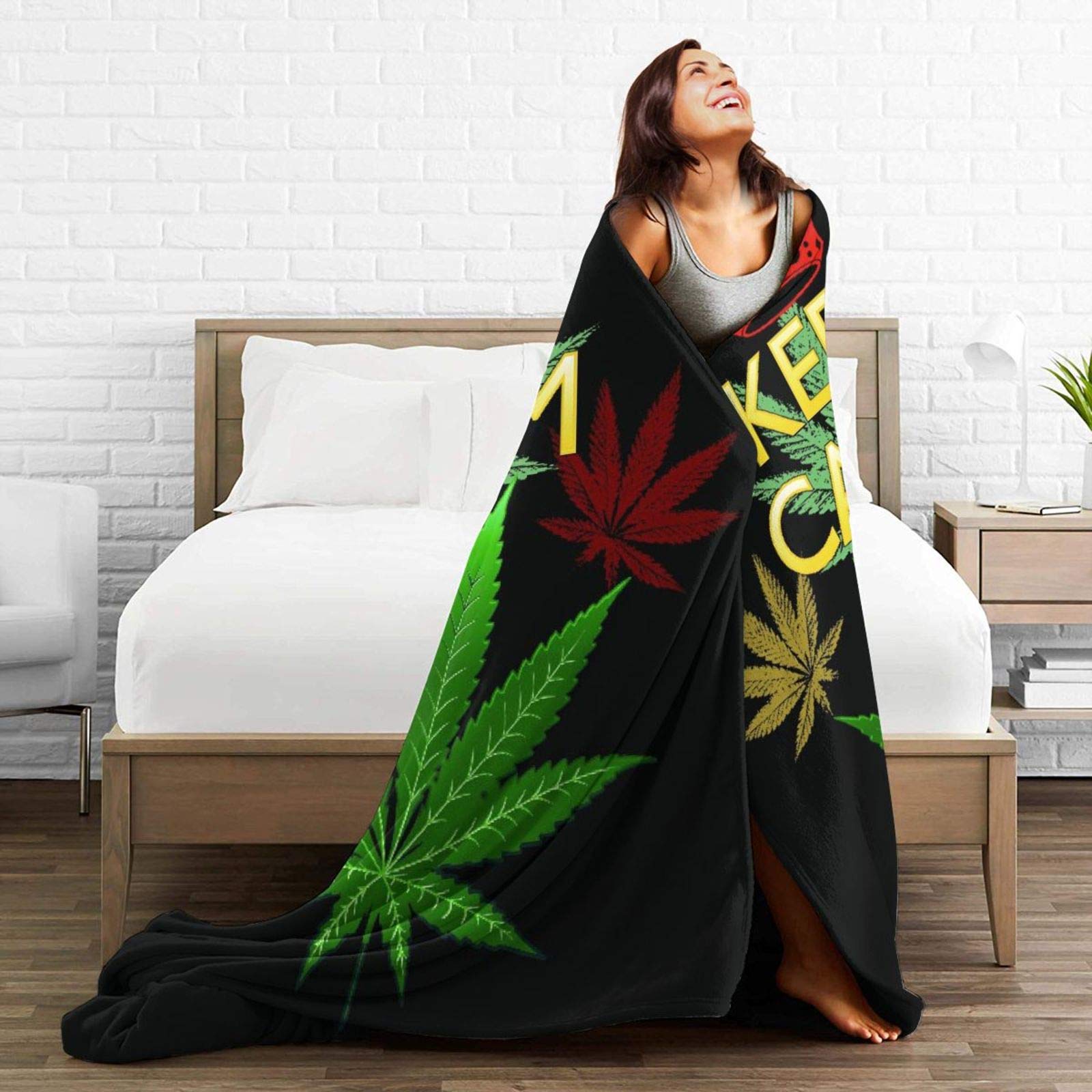 Janrely Custom Personalized Throw Blanket, Keep Calm and Marijuana Leaf On Black, Soft Comfortable Plush Blanket for Sofa Bedroom Travel Fluffy Blanket 40"X50"