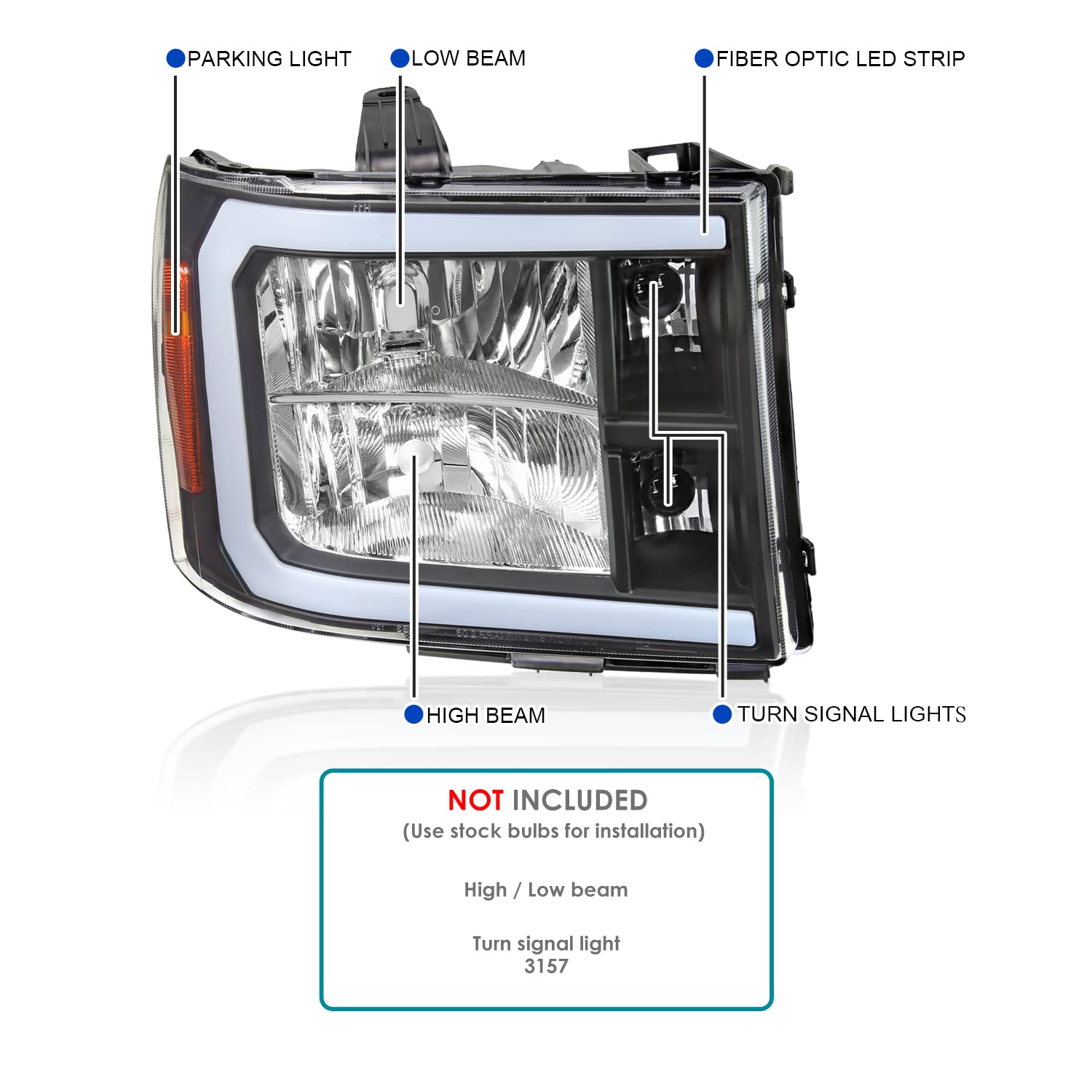 Black Headlights w/LED Bar SPEC-D TUNING Compatible with 2007-2013 GMC Sierra 1500, 2500HD, 3500HD, Left + Right Pair Headlamp Assembly
