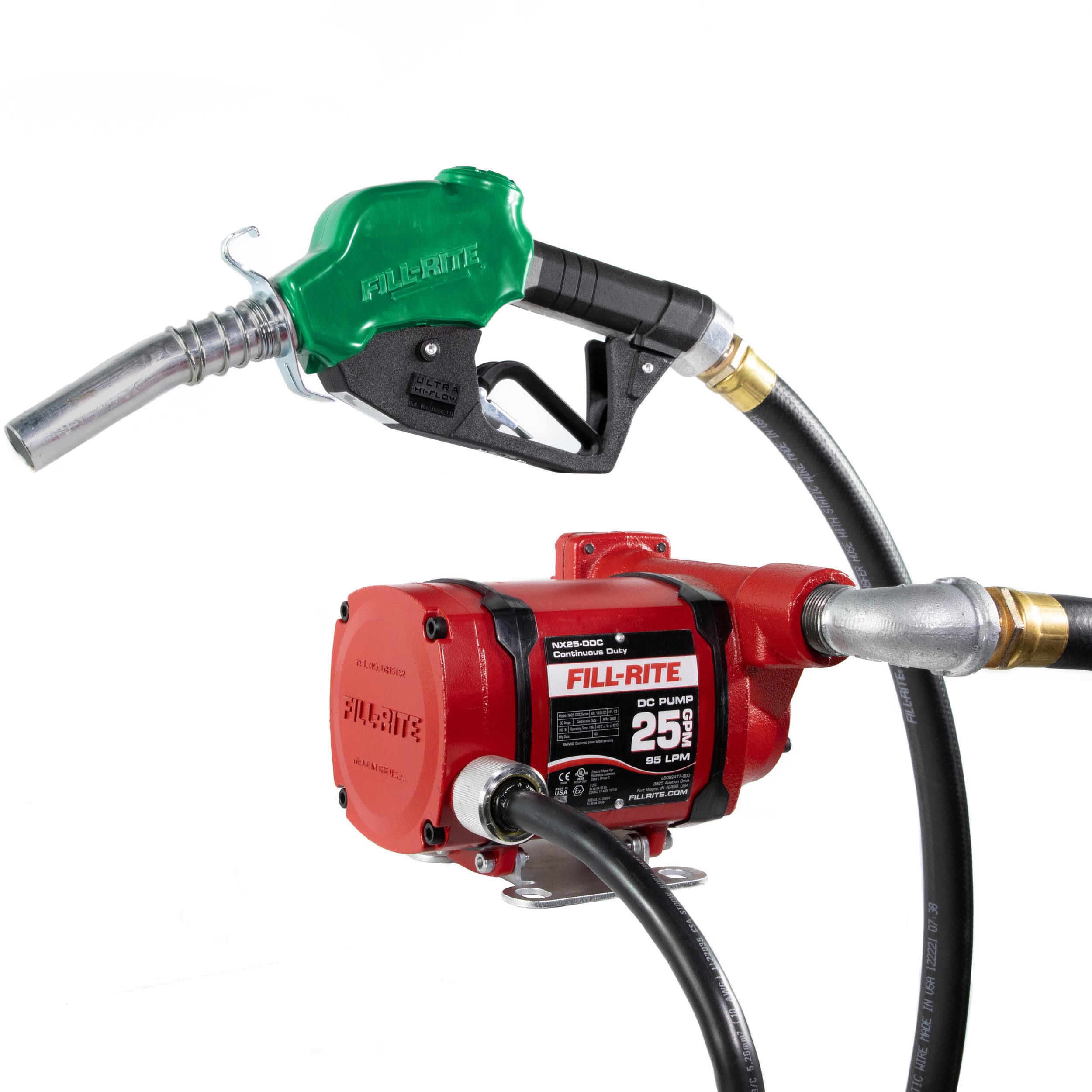 Fill-Rite Fuel Transfer Pump 12/24V DC 25 GPM with Nozzle - Foot Mounted - Energy-Efficient Fuel Transfer Pump for non stop Operation - Red - NX25-DDCNF-AA