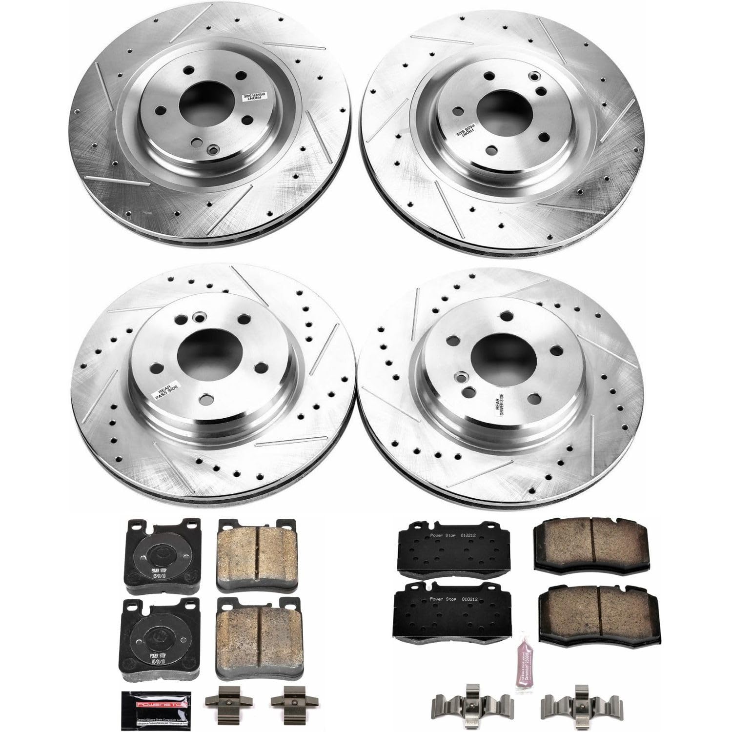 Power Stop K6204 Z23 Carbon Fiber Brake Pads Front and Rear with Drilled & Slotted Brake Rotors Kit For Mercedes-Benz C32 AMG 2002-2004 [Model Specific]