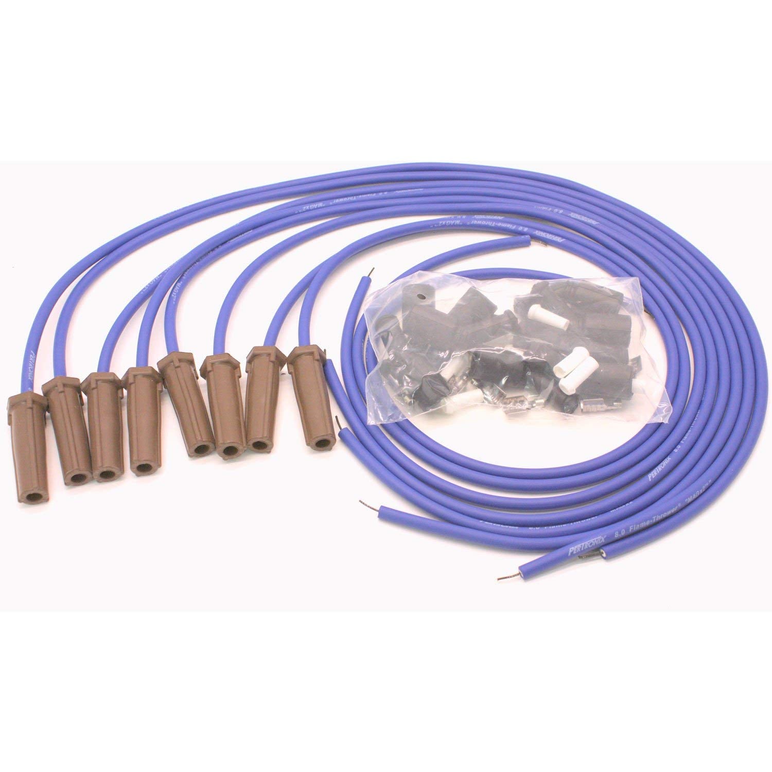 Flame-Thrower Spark Plug Wires Pertronix 818380 8mm 8 Cylinder Universal LS 180 Degree blue, 8 Pack