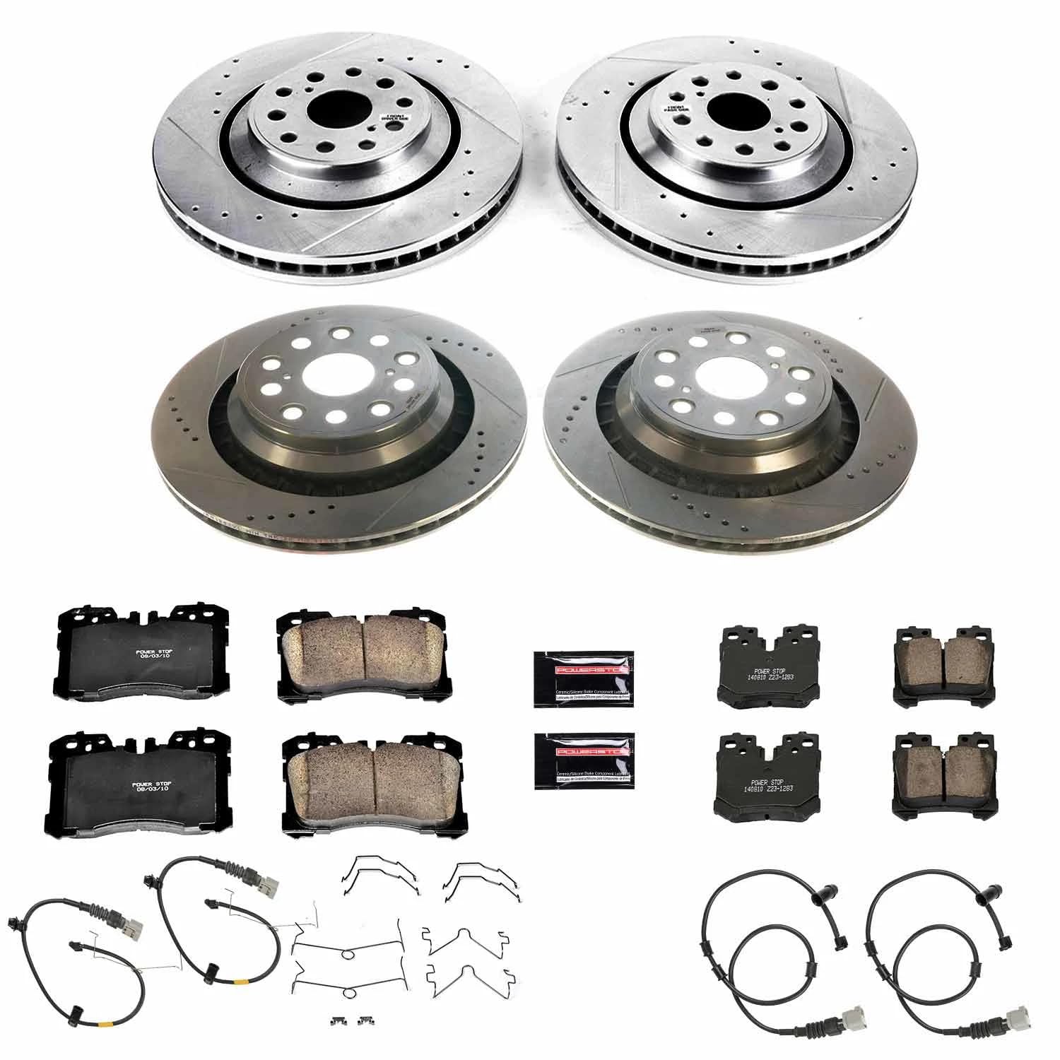 Power Stop K4112 Z23 Carbon Fiber Brake Pads Front and Rear with Drilled & Slotted Brake Rotors Kit and 1 Front & 1 Rear Sensor Wires
